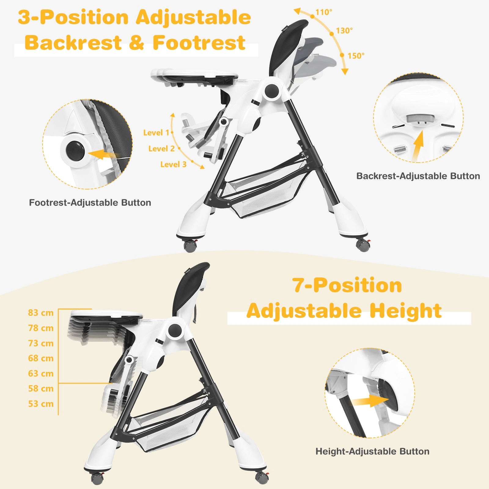 SUGIFT Gray 4 Lockable Wheels and 5-Point Harness A-Shaped Foldable Baby High Chair