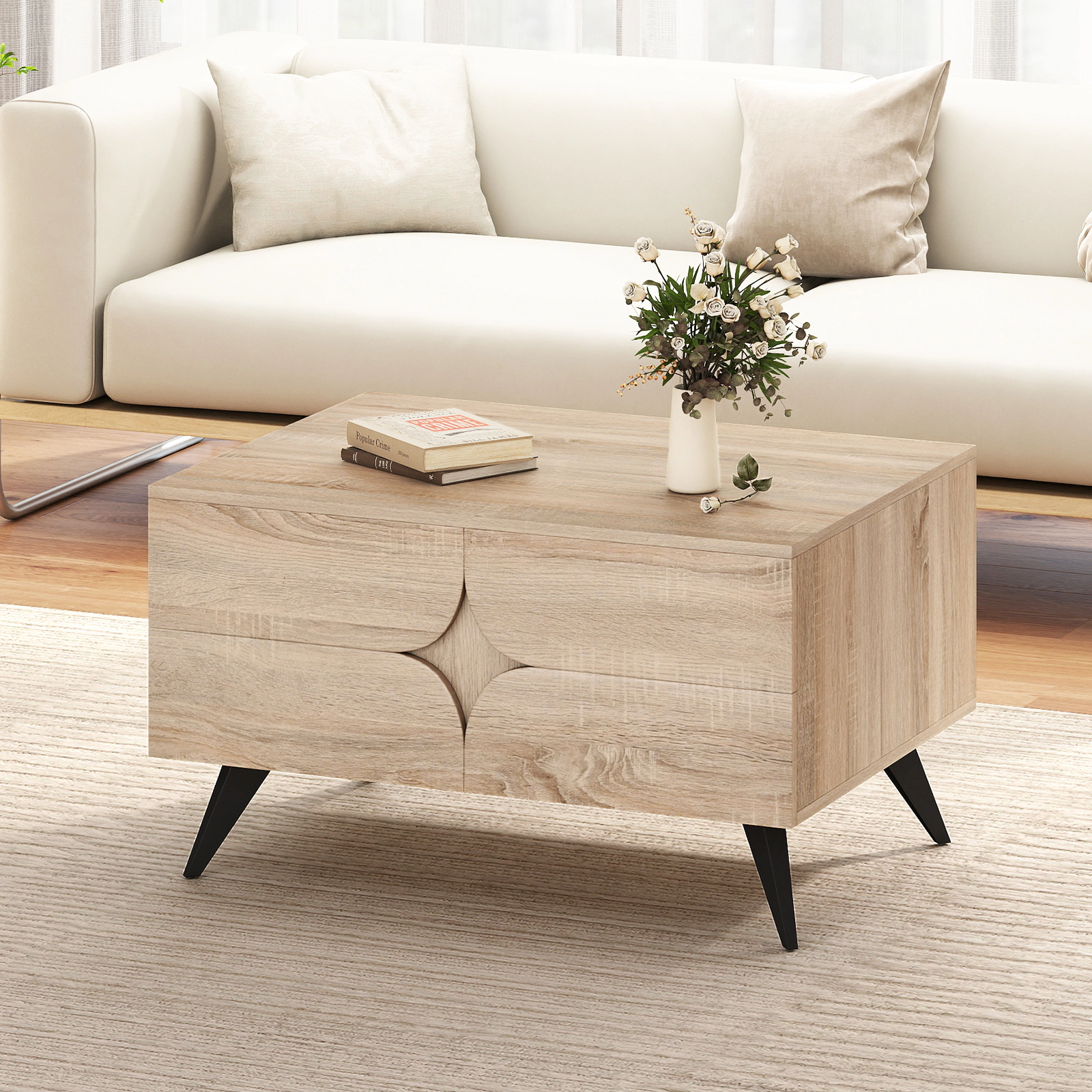 Glintex Farmhouse 31.5-Inch Coffee Table with 3 Cabinet Doors and Storage, Natural