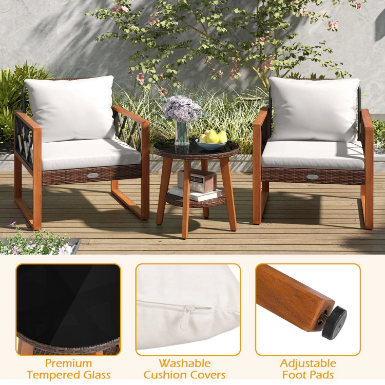 Hivvago 3 Pieces Patio Furniture Set With Tempered Glass Top Table And Soft Cushions