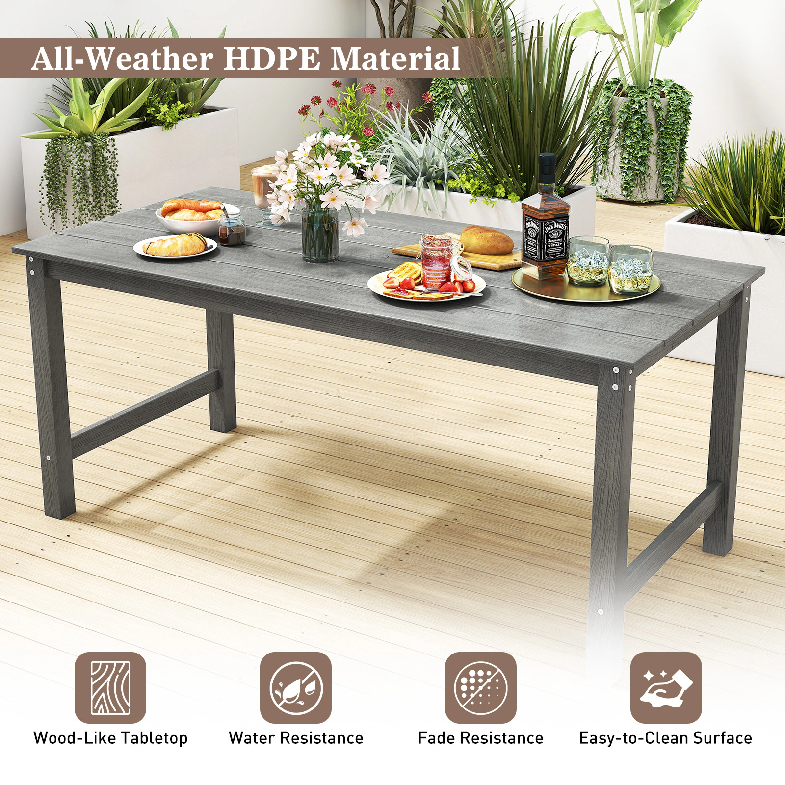 SUGIFT 67-in Gray HDPE Outdoor Dining Table for 6 with Wood Grain Top and Umbrella Hole