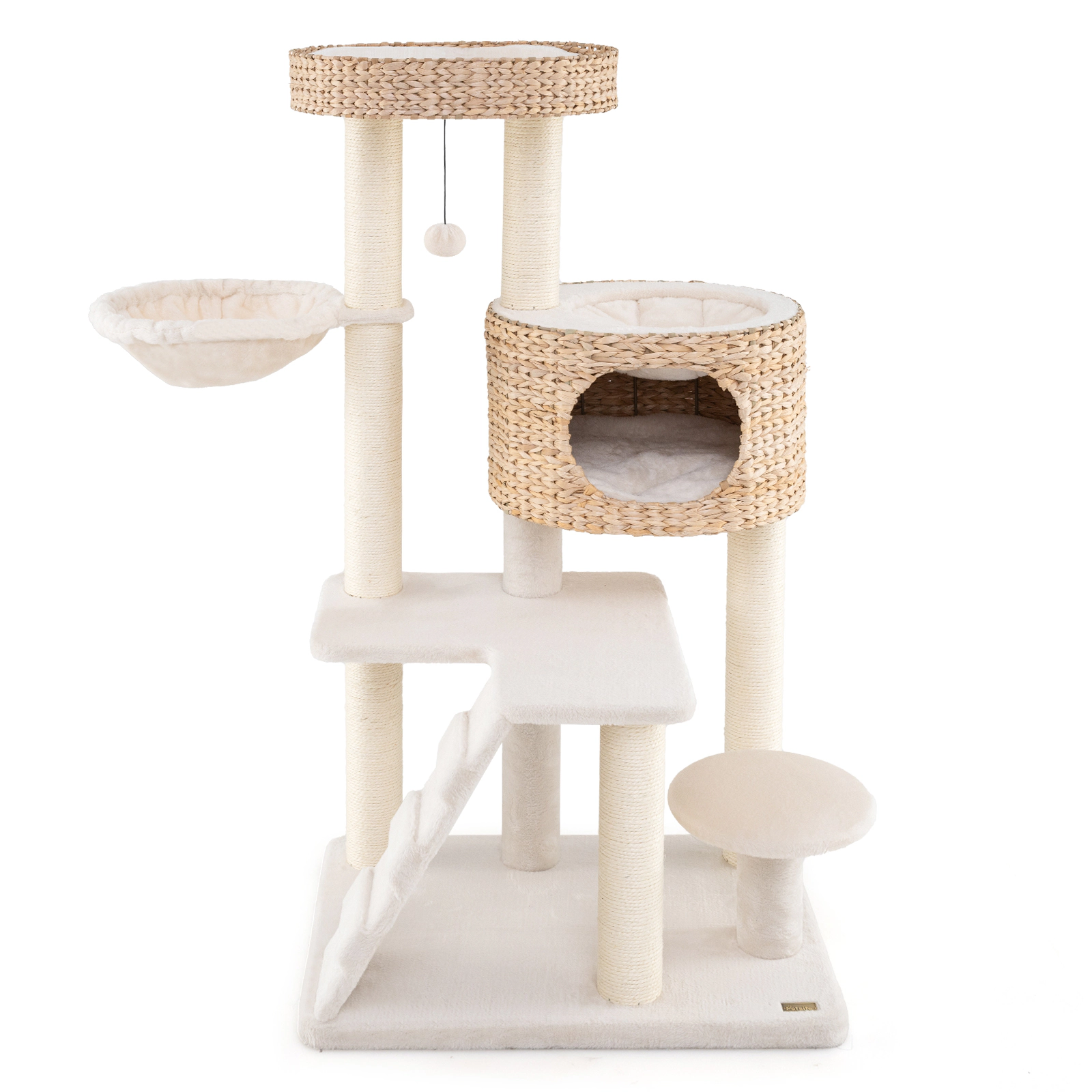 SUGIFT 50 in Modern Cat Tree Natural with Cattail Fluff Condo Hanging Basket and Top Perch