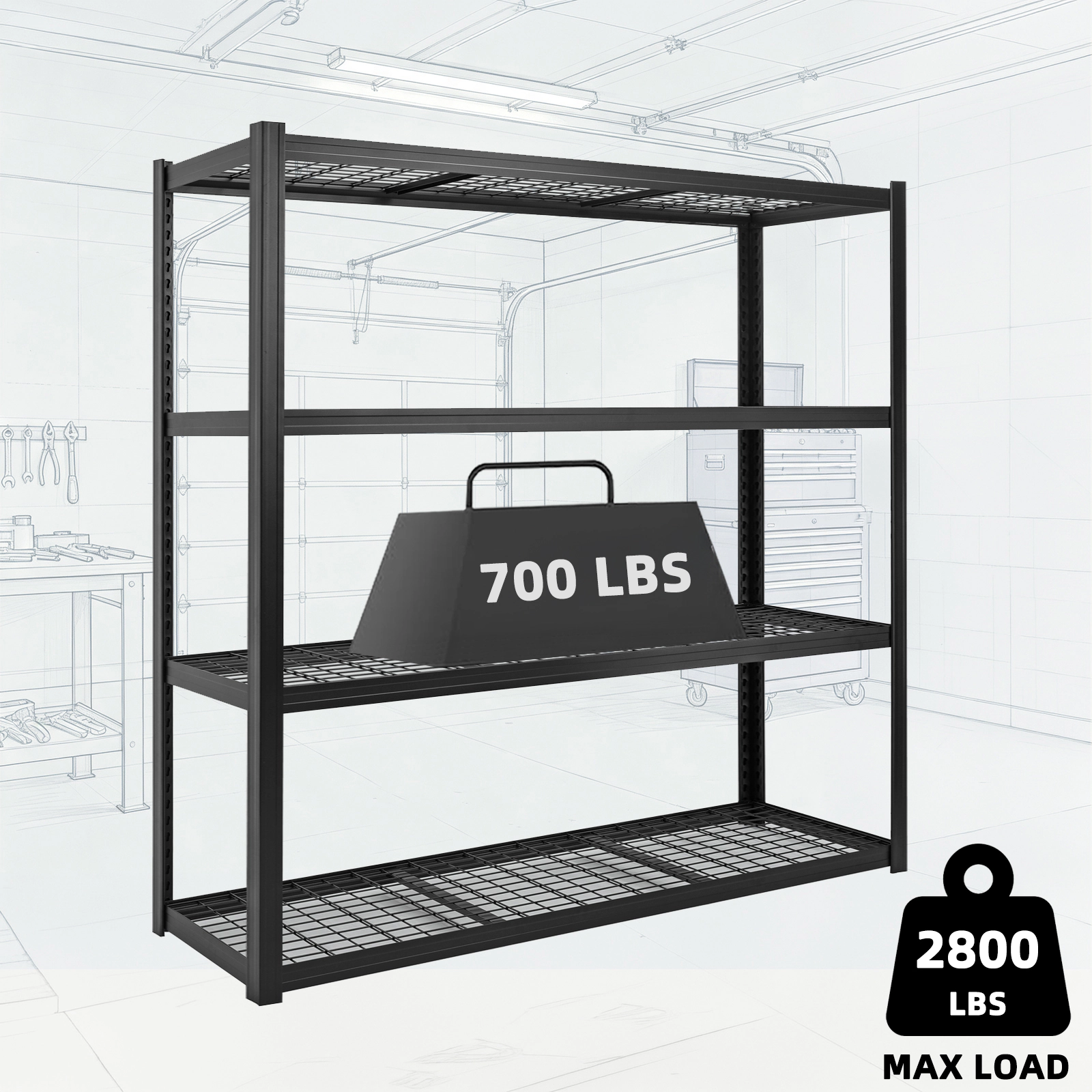 Flynama 4-Tier Garage Shelving Unit, Industrial Steel, Adjustable, Matte Black (71"W x 71"H x 24"D)