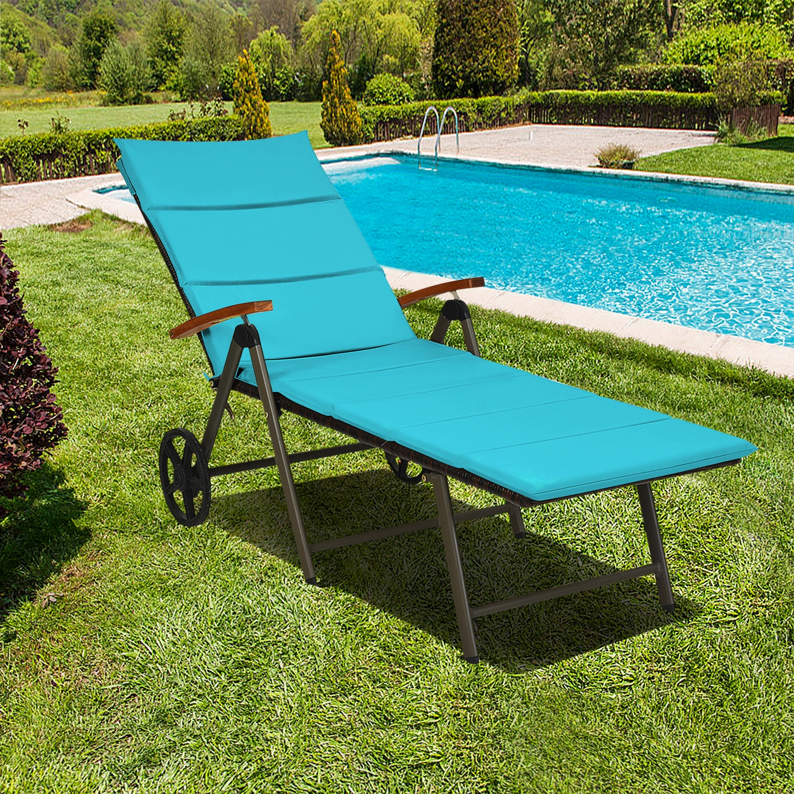 SUGIFT Adjustable Folding PE Rattan Outdoor Chaise Lounge Recliner Chair Cushion 385-lb Capacity 73-in Frame Turquoise