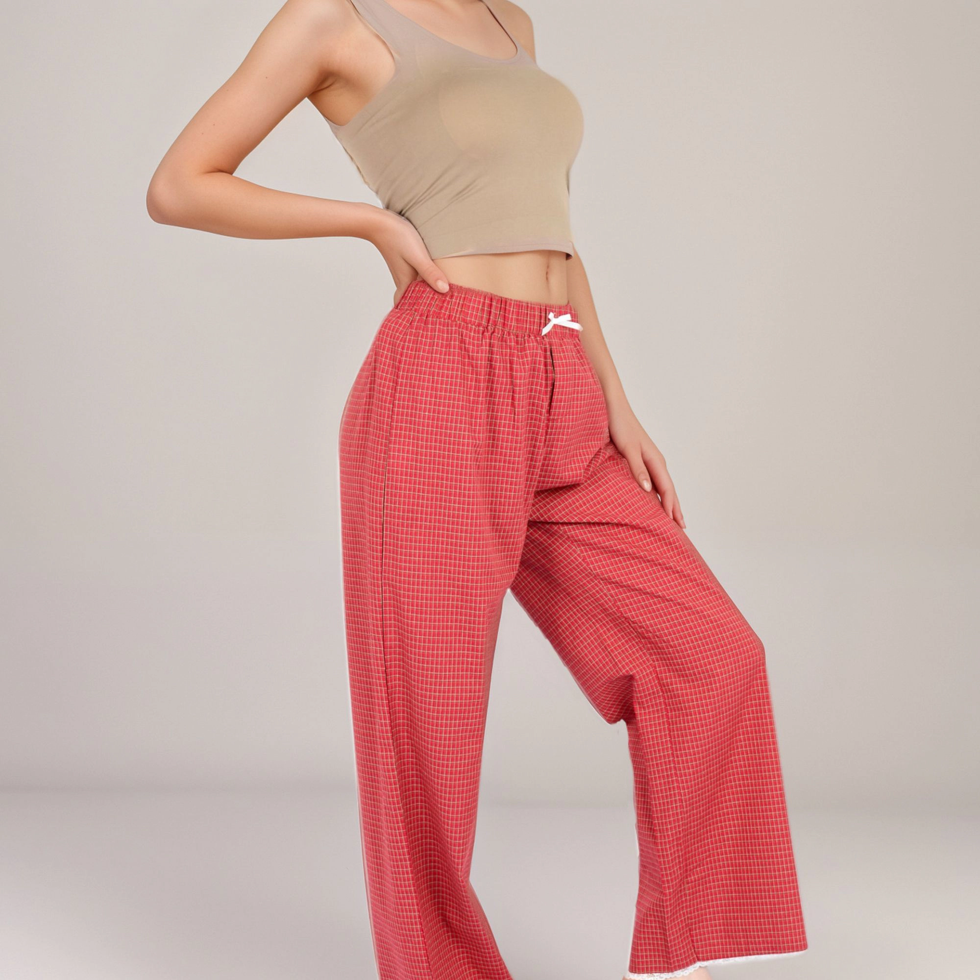 Anna-Kaci Women's Red Checkered Lounge Pants with Elastic Waistband Bow Tie Detail and Relaxed Full-Length Wide Leg Fit