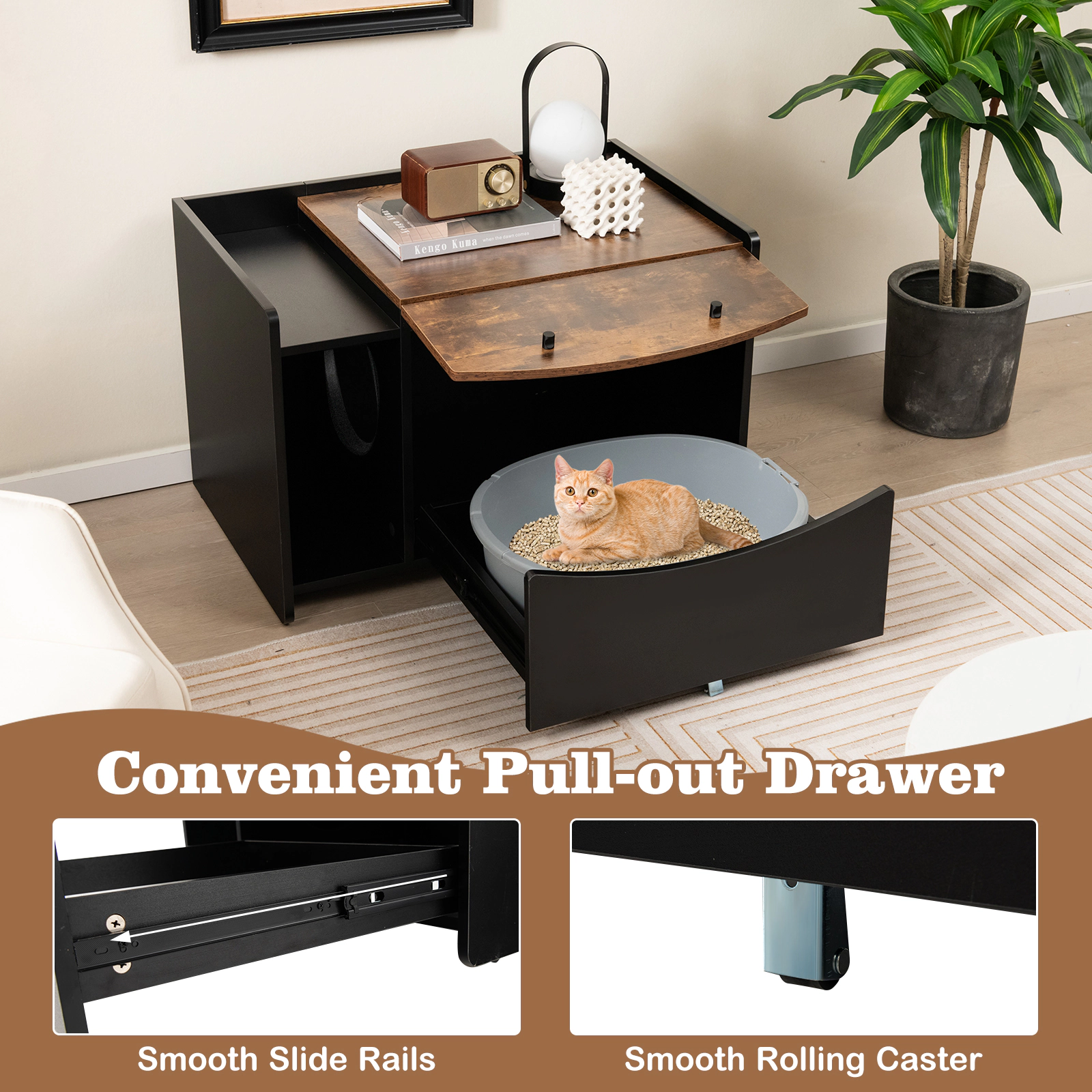 SUGIFT Black Cat Litter Box Enclosure with Pull-Out Drawer and Flip Door 31-in W 20-in D 21-in H 44-lb Per Layer