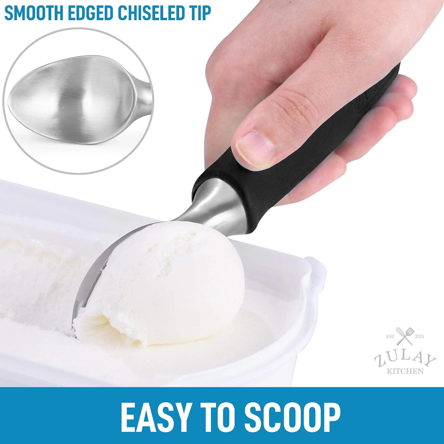 Zulay Kitchen Heavy Duty Ice Cream Scoop - Stainless Steel Scooper with Non-Slip Rubber Grip