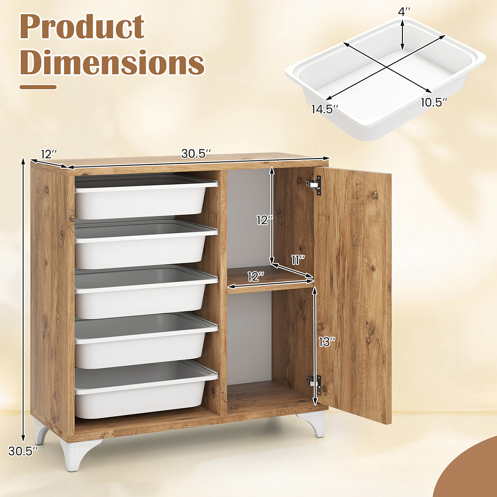 SUGIFT 5-Drawer Removable Bins Single Door Buffet Sideboard 30.5-in x 12-in x 30.5-in 40-lb Net Weight Natural