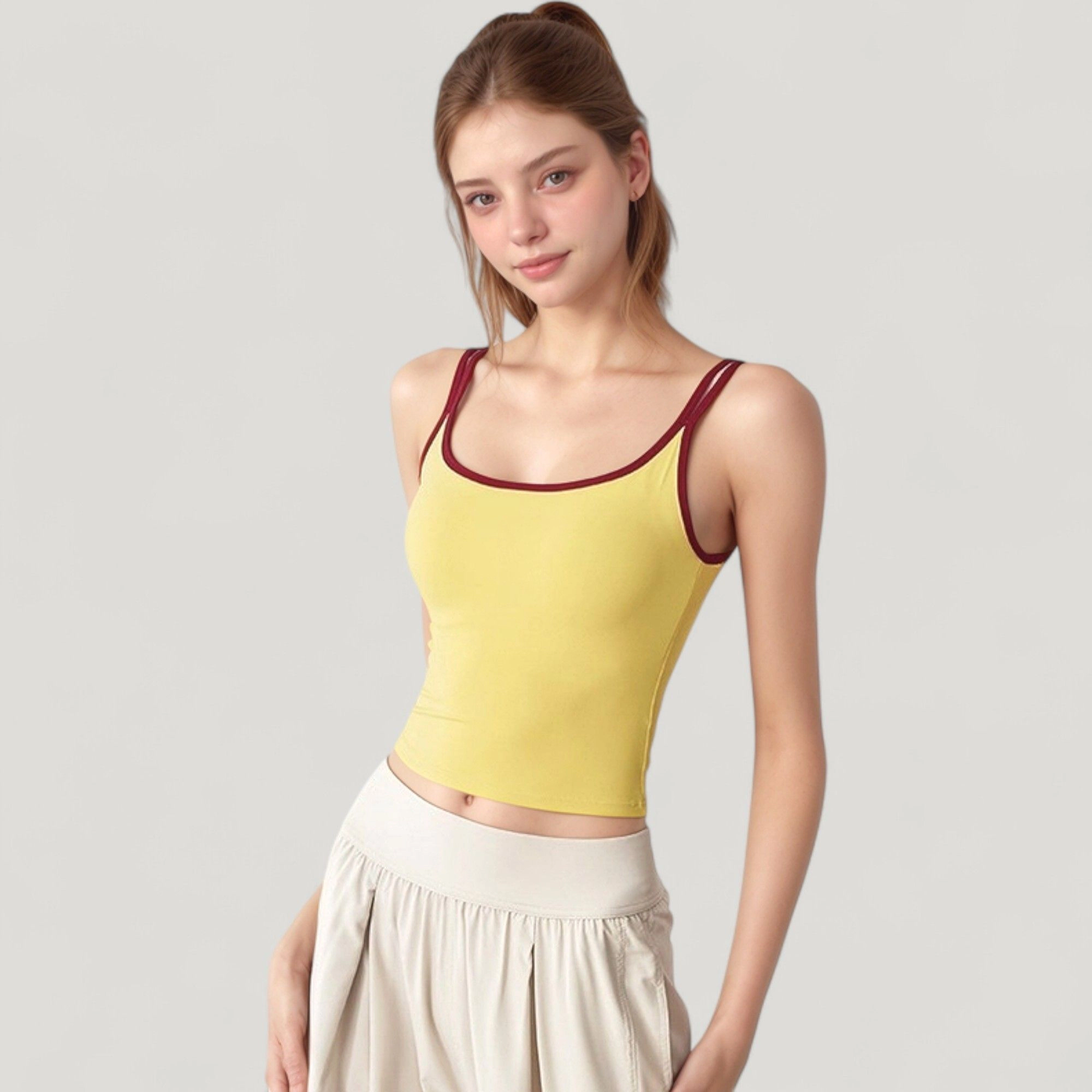 Anna-Kaci Women's Square Neck Contrast Trim Cropped Active Tank Top