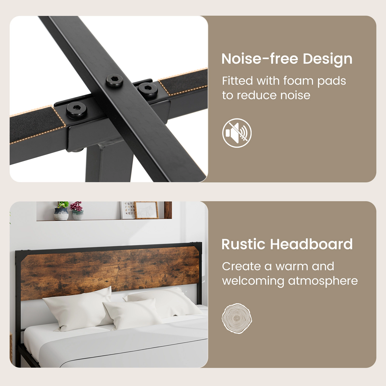 SUGIFT Queen Platform Bed Frame, Rustic Brown Wood Panels, Black Metal, Headboard and Footboard