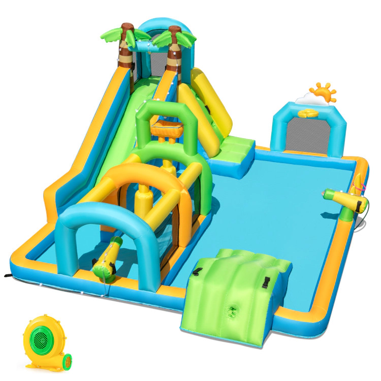Hivvago Inflatable Water Slide Tropical Theme Dual Slide Aqua Park with 680W Blower