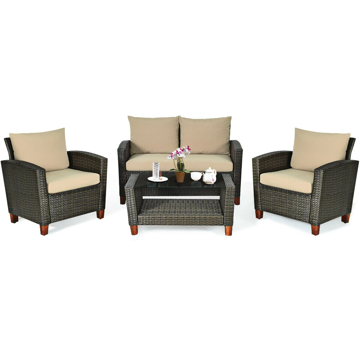 LJG 4 Pieces Patio Rattan Furniture Set with Cushions