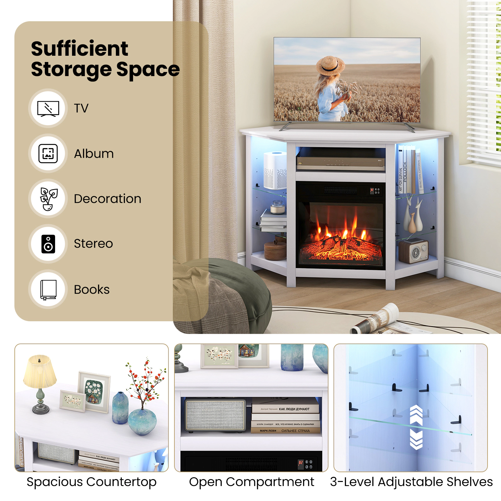 Hivvago Fireplace Corner TV Stand with LED Lights and Smart APP Control for 50 Inches TV