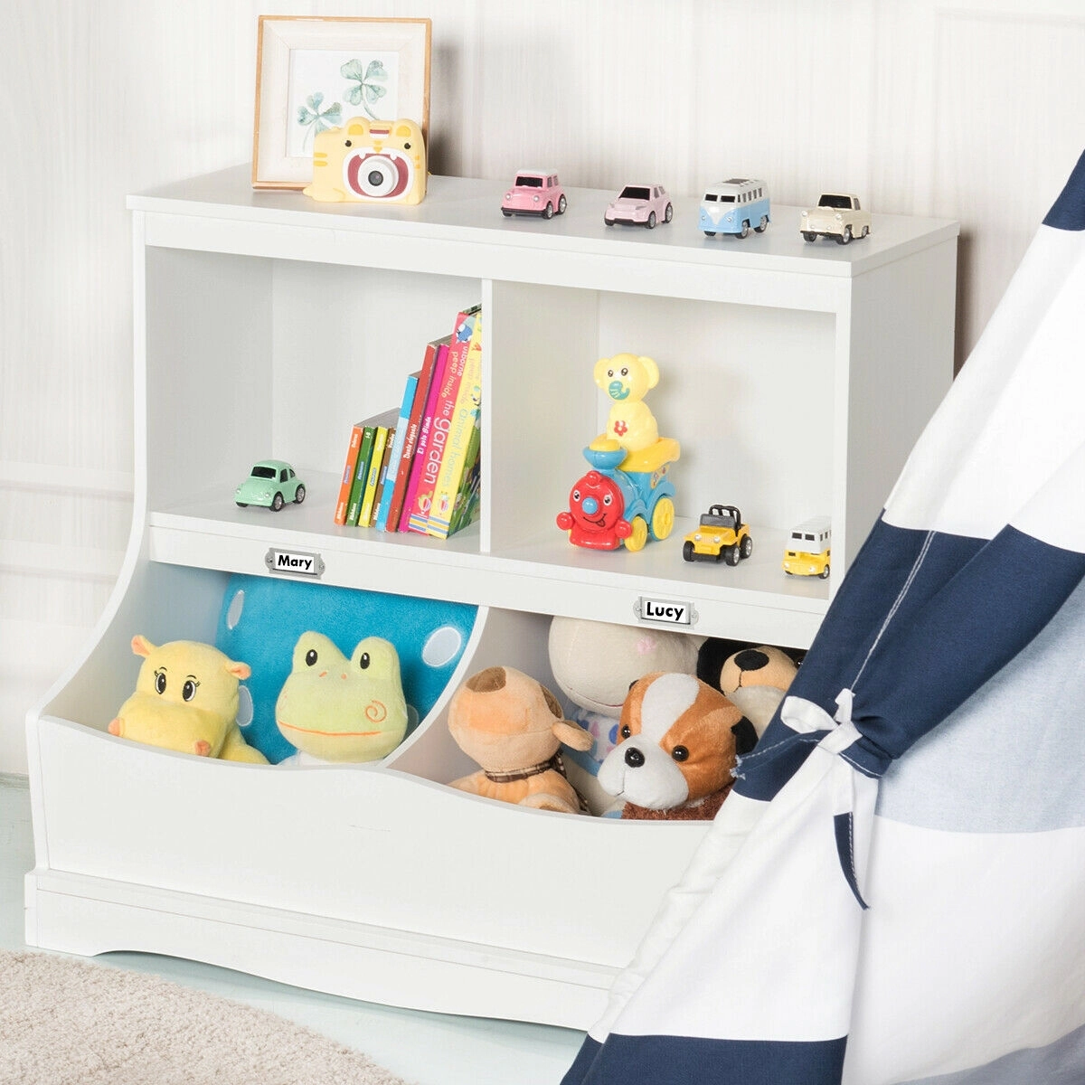 SUGIFT Multi-Bin MDF Toy Organizer Floor Cabinet Bookcase 66-lb Top Capacity 26.5-in Wide 25-lb Net Weight White/Gray