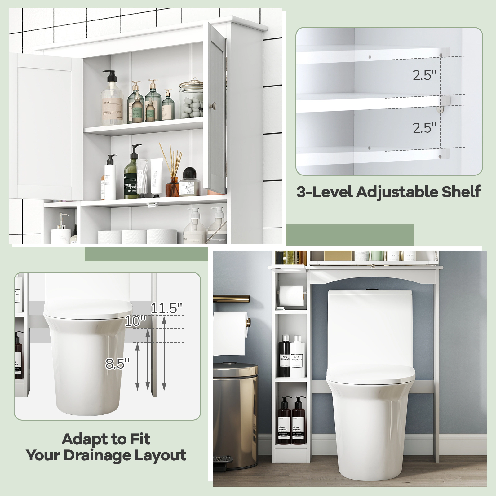 SUGIFT Over The Toilet Storage Cabinet With Adjustable Shelf And Bottom Bar 265-lb Capacity 31.5-in Wide White
