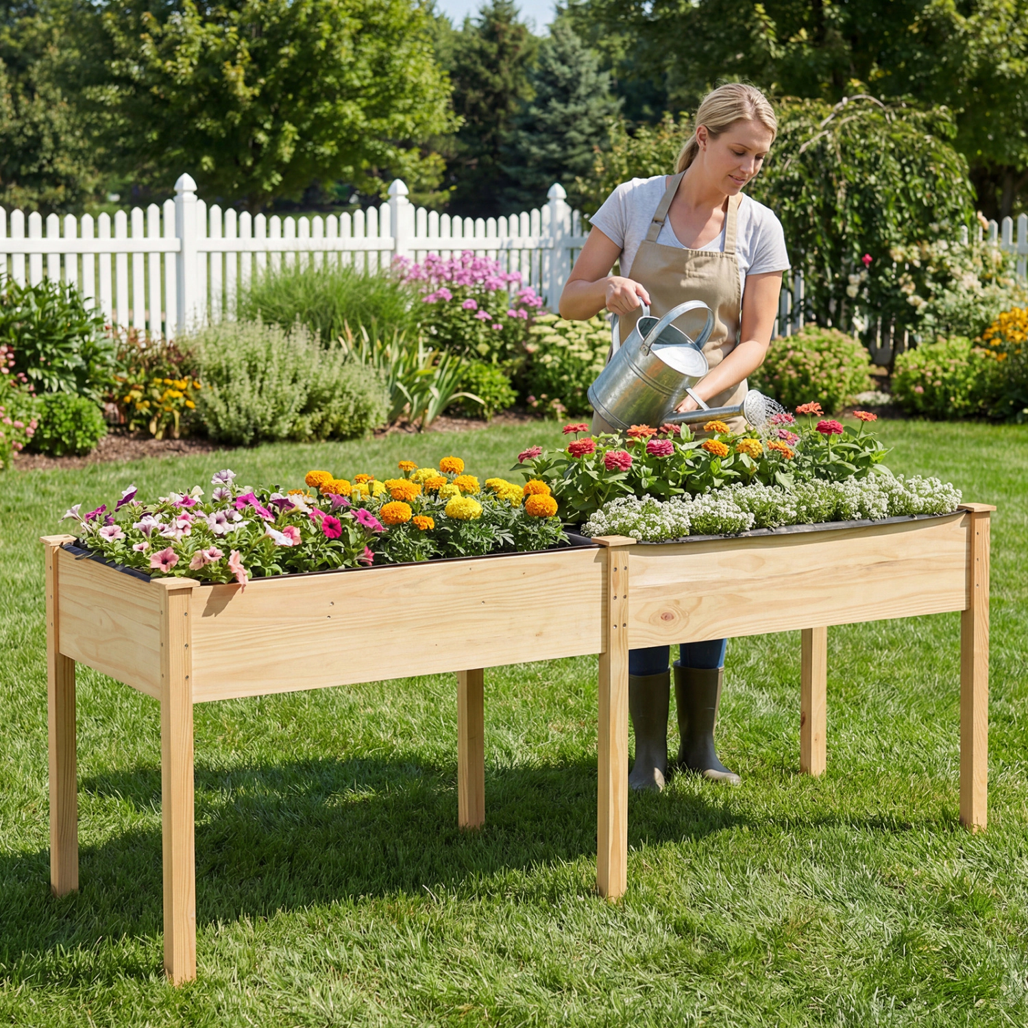 LJG Fir Wood Outdoor Raised Garden Bed with Divider Panel and Drainage Holes