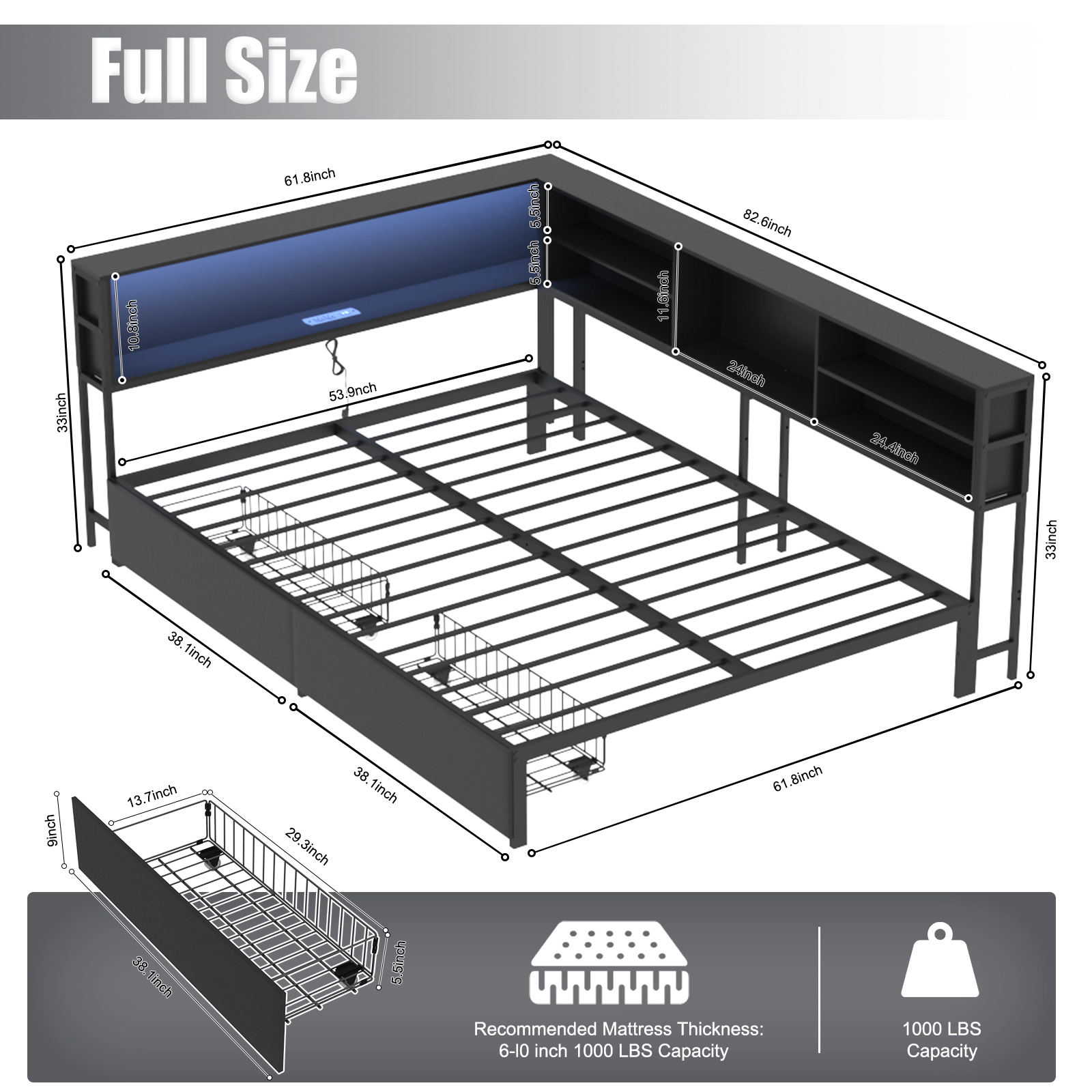 Flynama Full Corner Daybed with Storage, Bookcase Headboard, LED & Charging Station