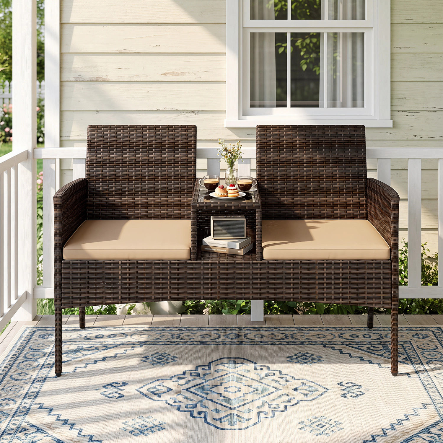 LJG Patio Loveseat Wicker 2-Seat Conversation Set with Built-in Coffee Table