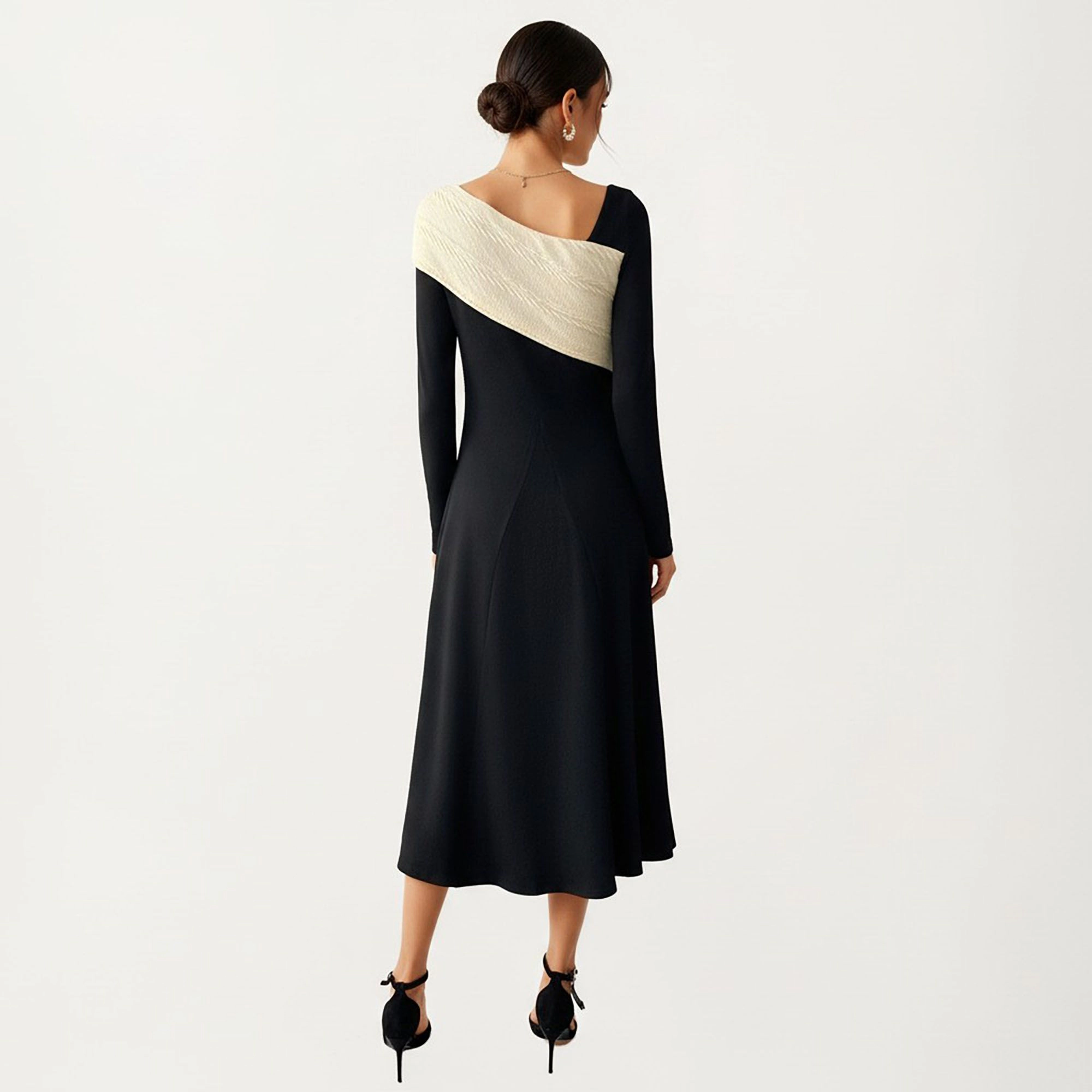 Anna-Kaci Women's Black Off Shoulder Knit Detail Long Sleeve Midi Dress