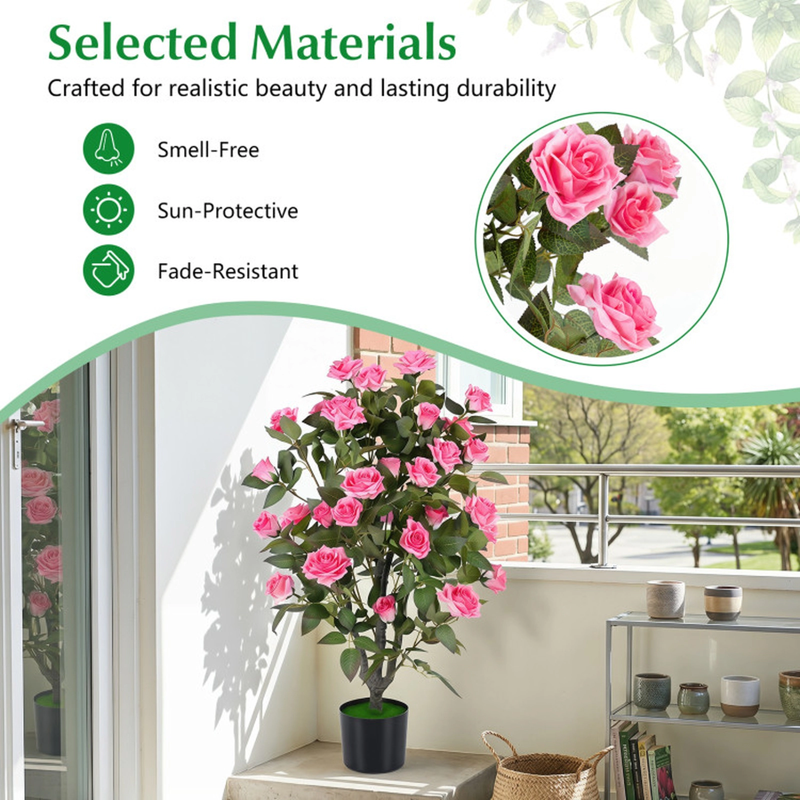 SUGIFT Set of 2 35.5-in 32 Blooms Silk Petals PE Trunks Artificial Rose Trees 6-in x 5-in Cement Pot 13-lb Pink