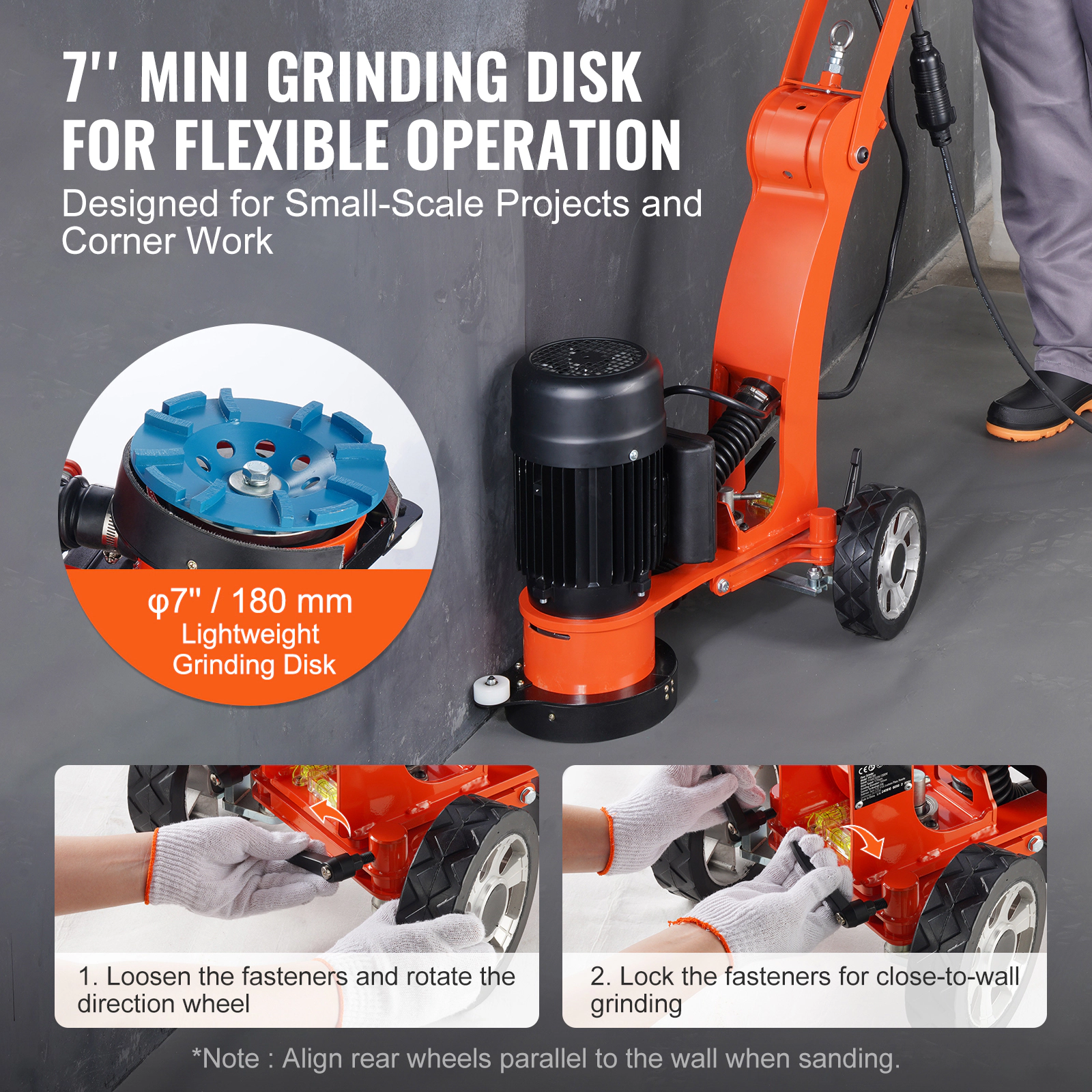 HONGGE Electric Concrete Floor Grinder Walk-Behind Grinder 1.7HP Concrete Floor Polisher 1300W Grinding Machine 1720RPM