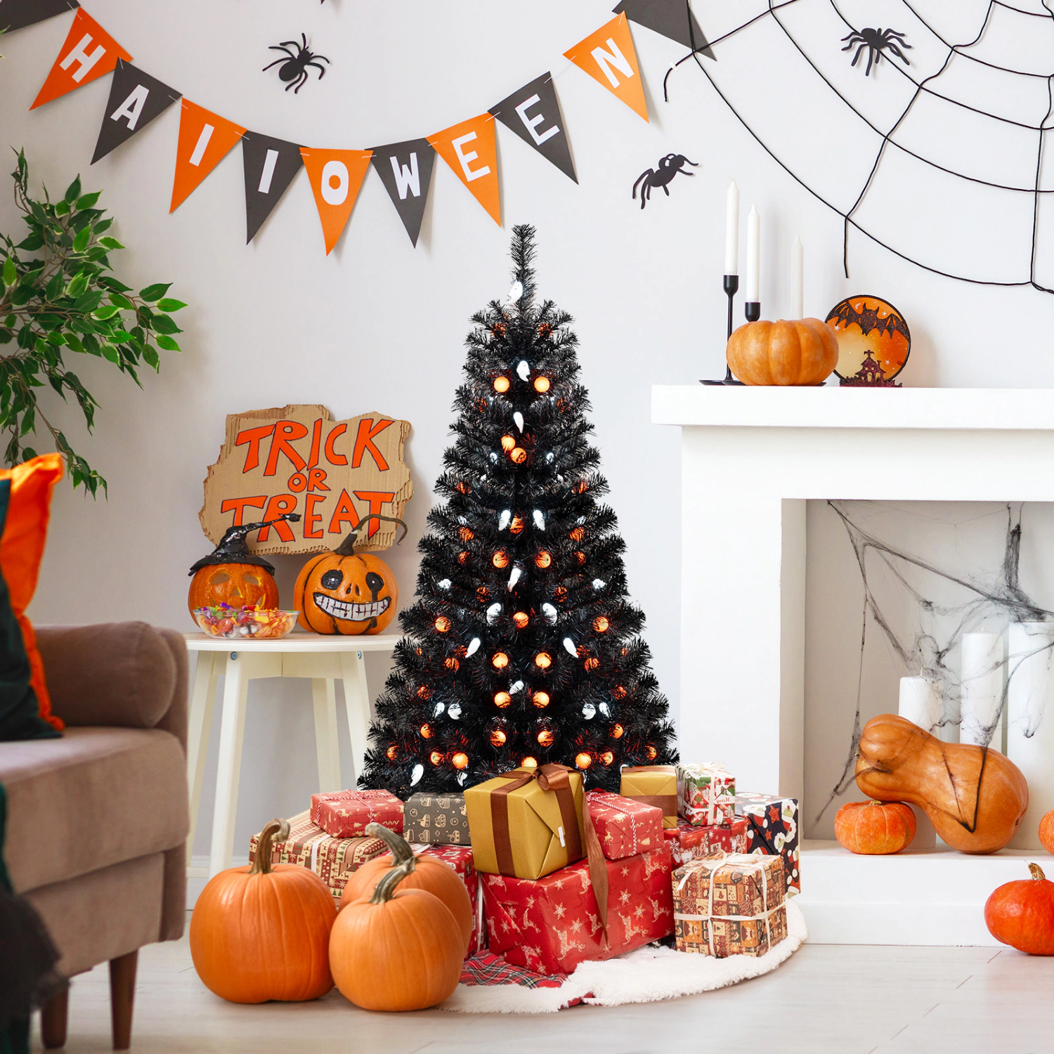 SlickBlue Black Halloween Tree 4.5 Ft Artificial Tree with LED Lights and Sound