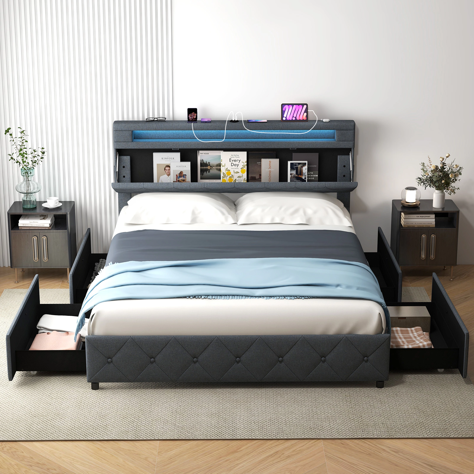 LJG Full/Queen Size Bed Frame with Adjustable Storage Headboard and Wooden Slat Support