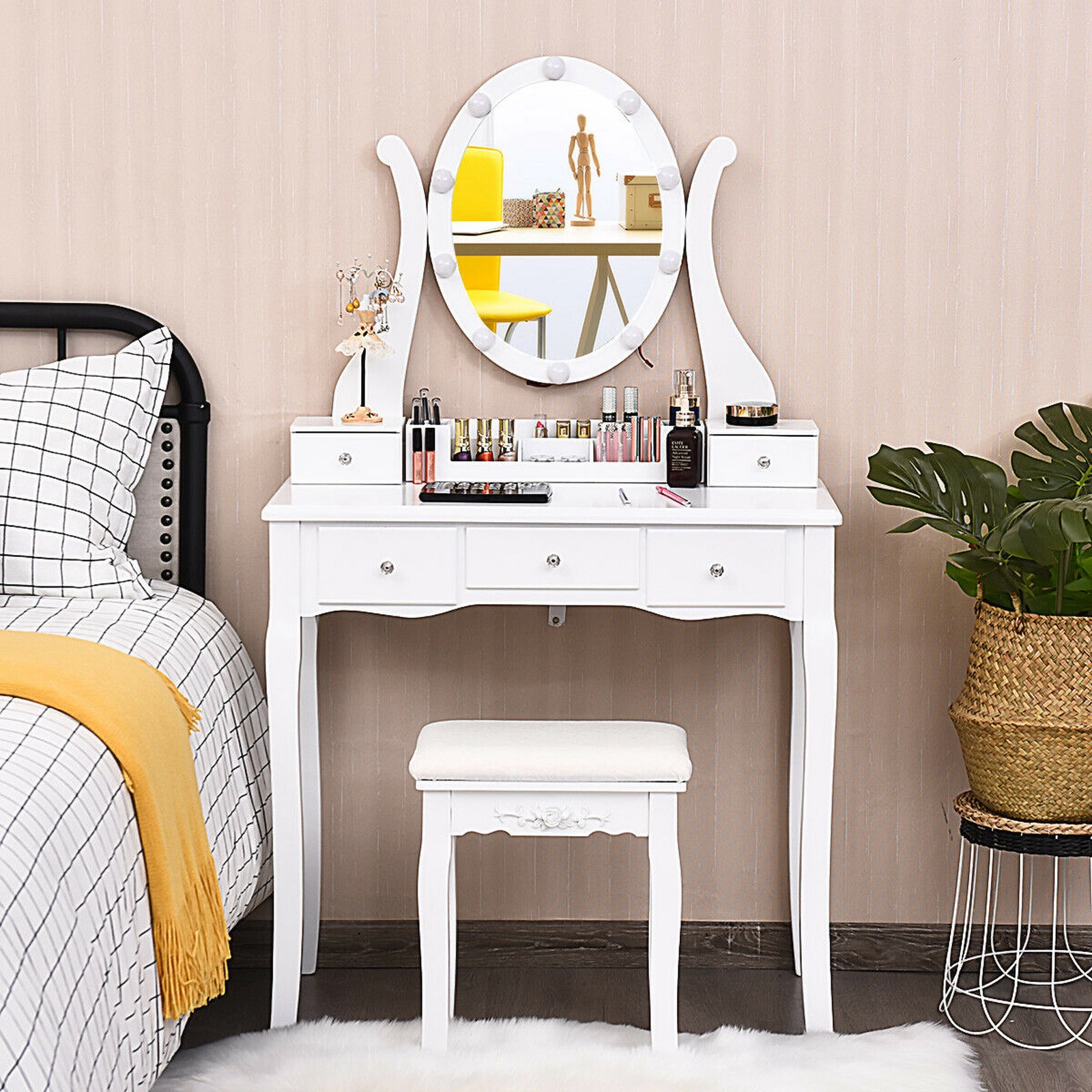 SUGIFT 31.5-in Vanity Table Set, 10 Dimmable Lights, 360-Degree Spinning Mirror, 5 Drawers