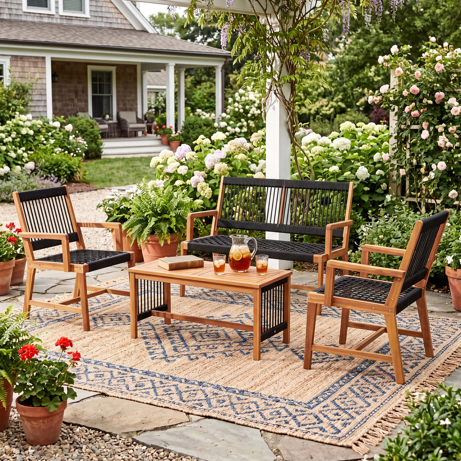 SUGIFT Natural Hand-Woven Rope Seats 4-Piece Acacia Wood Patio Conversation Set