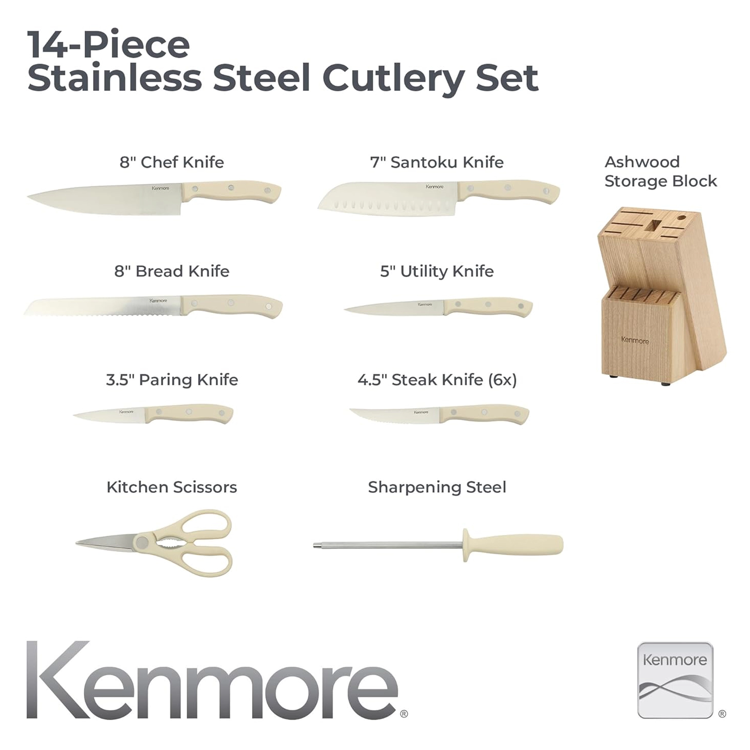 Kenmore Kane 14 Piece Stainless Steel Cutlery With Ashwood Storage Block in Linen