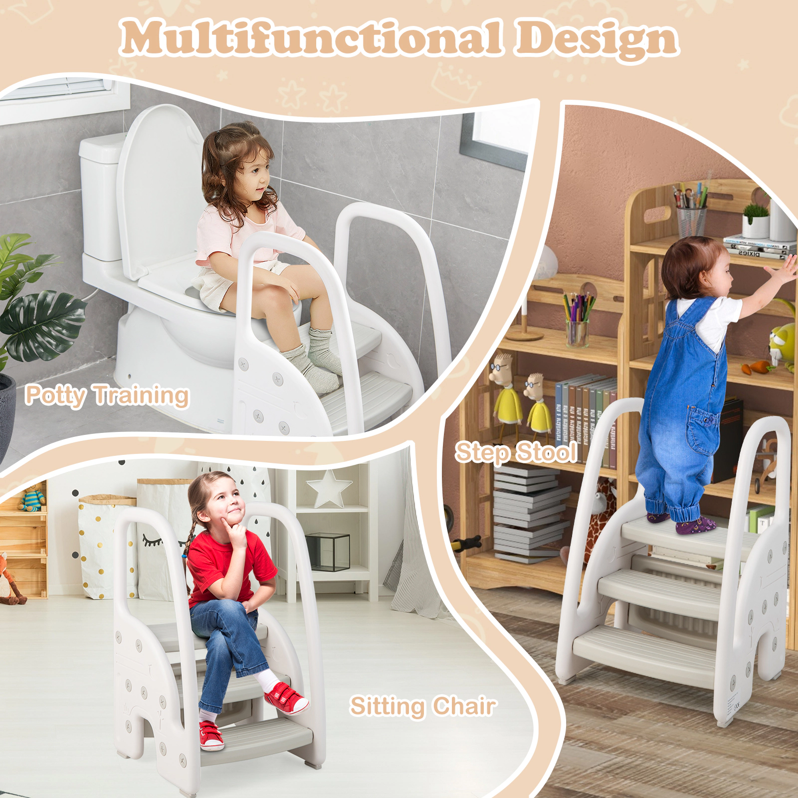 SUGIFT Gray 3-Step Toddler Step Stool with Safety Handles and Non-Slip Pedals for Bathroom and Kitchen