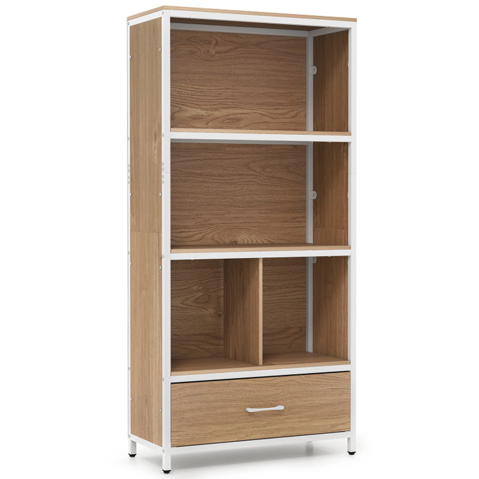 SUGIFT 5-Tier Natural 56-in Tall Freestanding Bookshelf with Removable Fabric Drawer and Open Storage