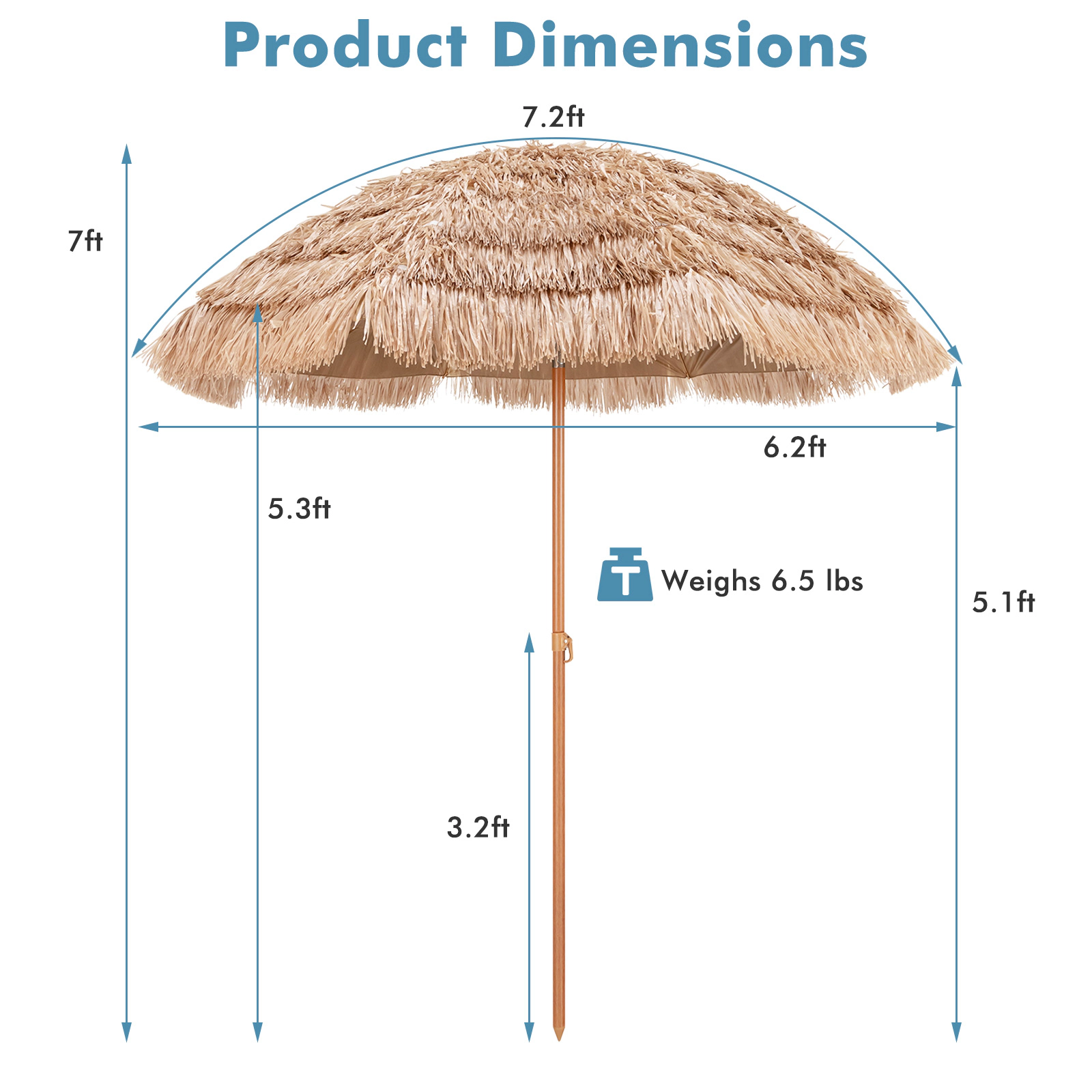 SUGIFT 7.2-ft Natural Thatched Tiki Patio Umbrella, Tilt, 8 Metal Ribs