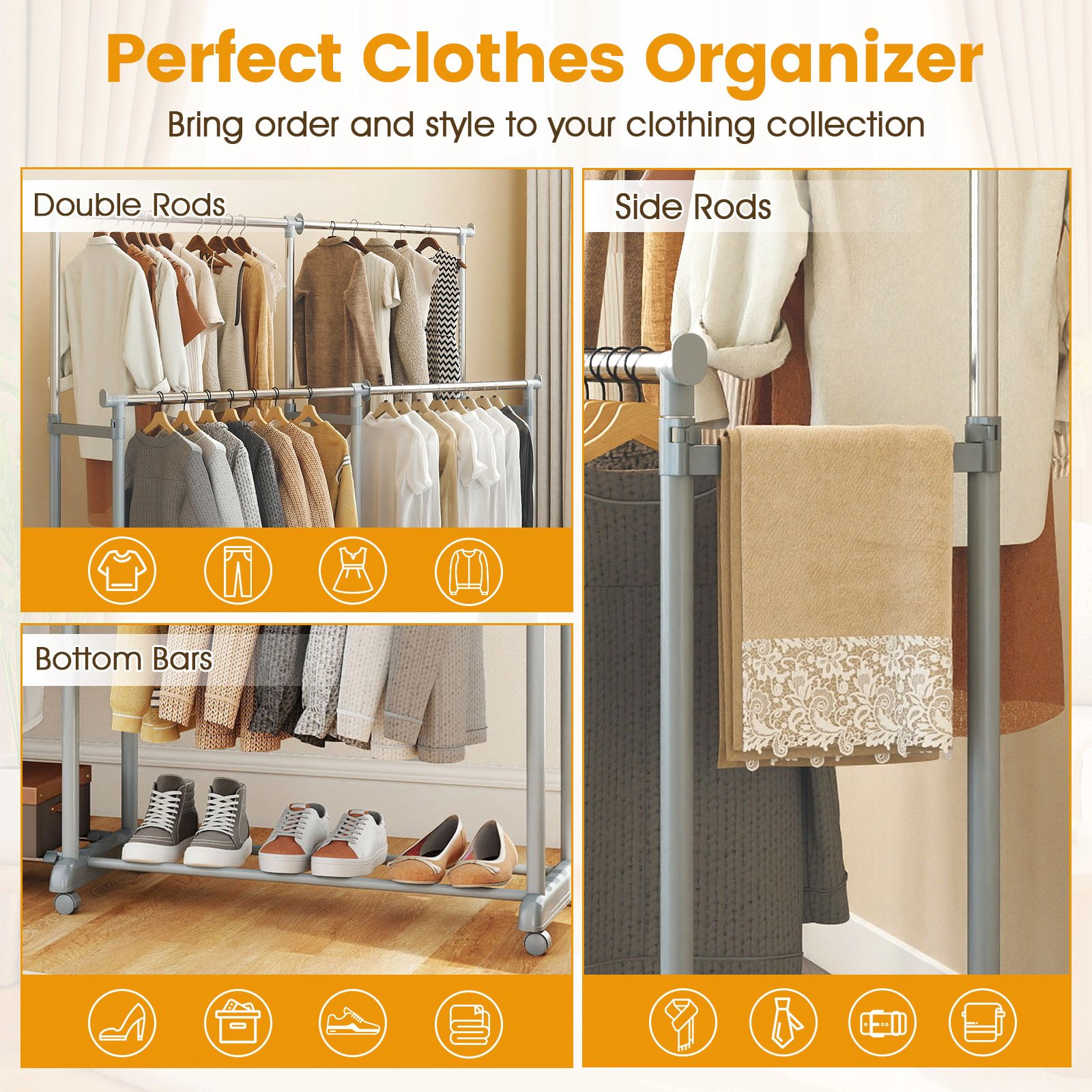 SlickBlue Adjustable Double Rod Clothes Rack with Wheels and Bottom Storage
