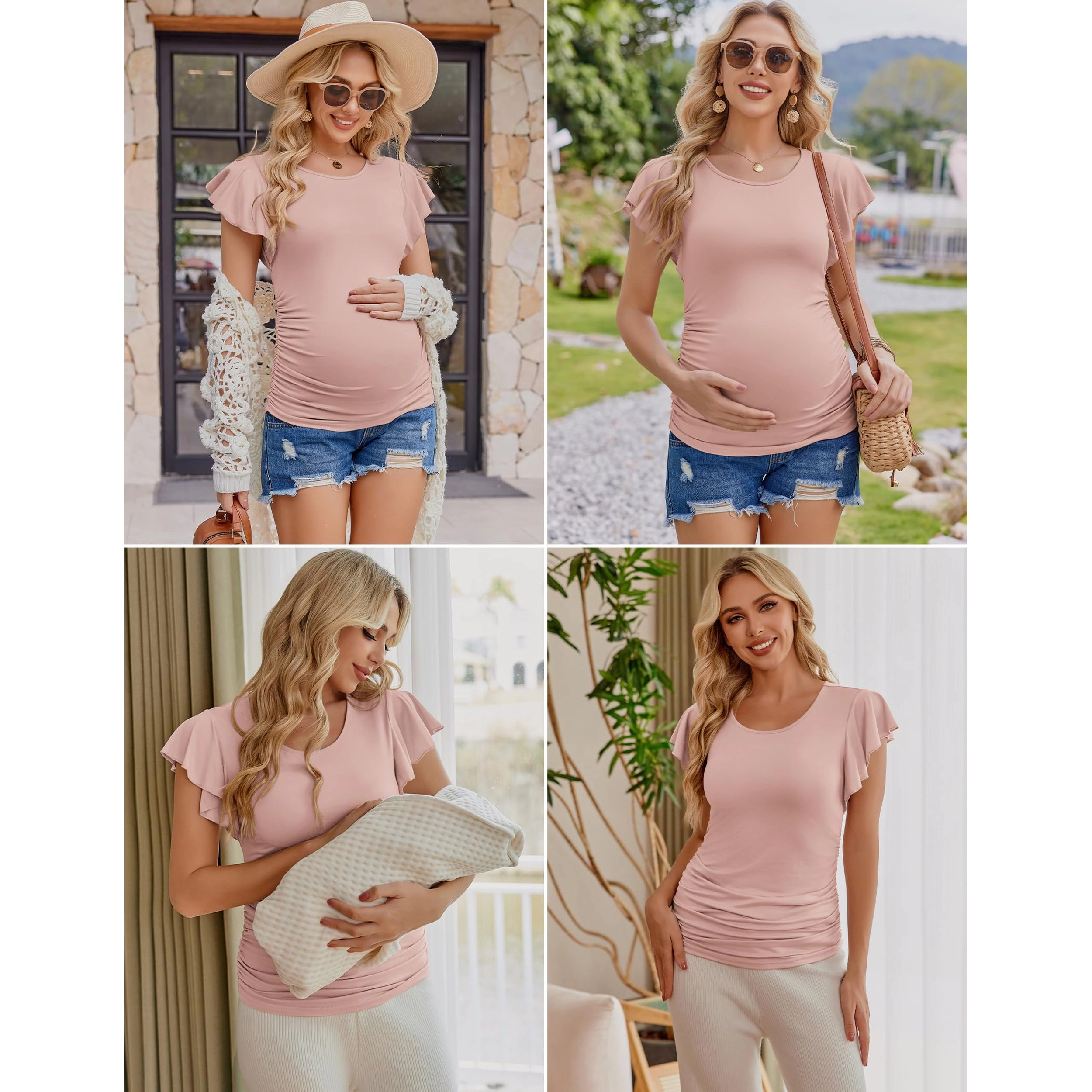 Ekouaer Women's Crew Neck Ruffle Short Sleeve Ruched Maternity T-Shirt