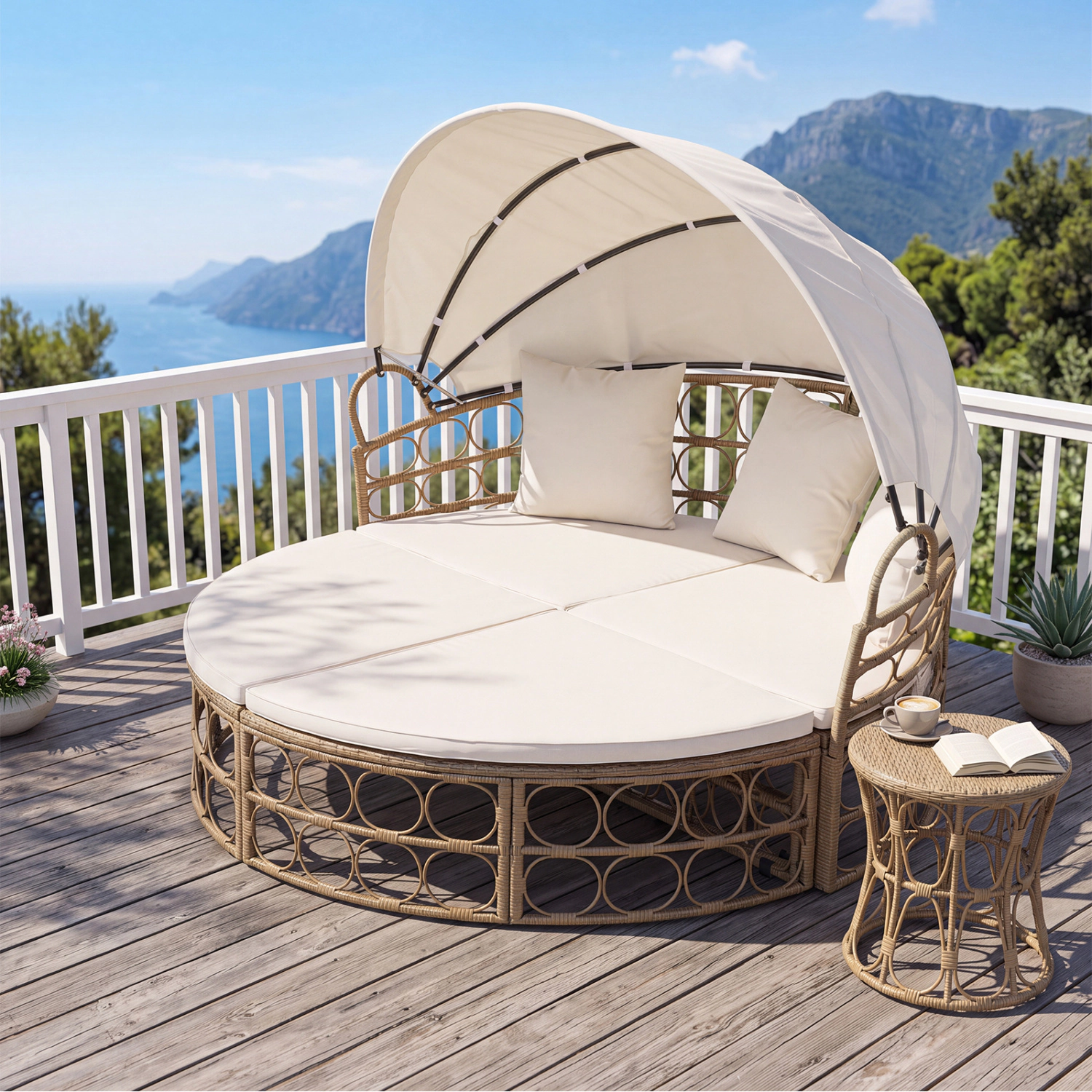 LJG Outdoor Patio Daybed with Retractable Canopy and Cushions Yellow Wicker Rattan Furniture Set