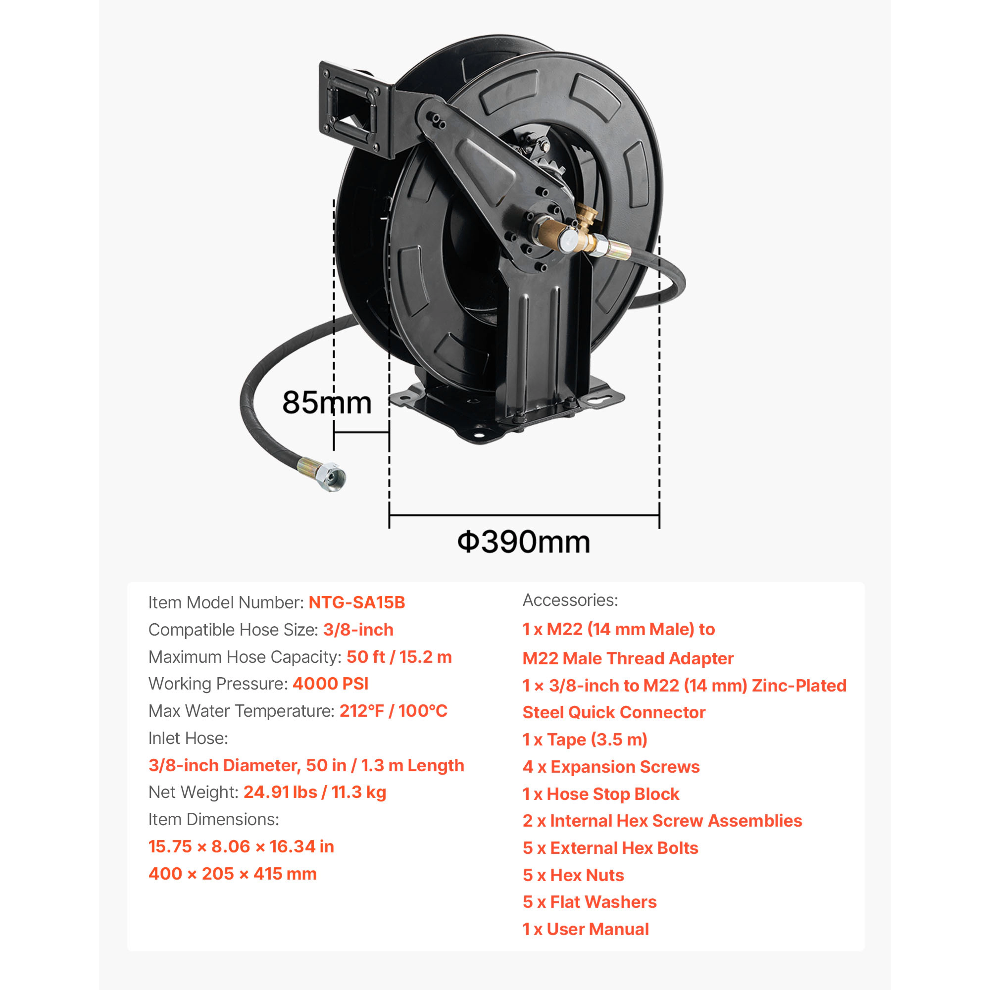 HONGGE Pressure Washer Hose Reel, Auto-Rewind 50 ft x 3/8-inch Steel Reel, 4000 PSI, Wall/Floor Mount