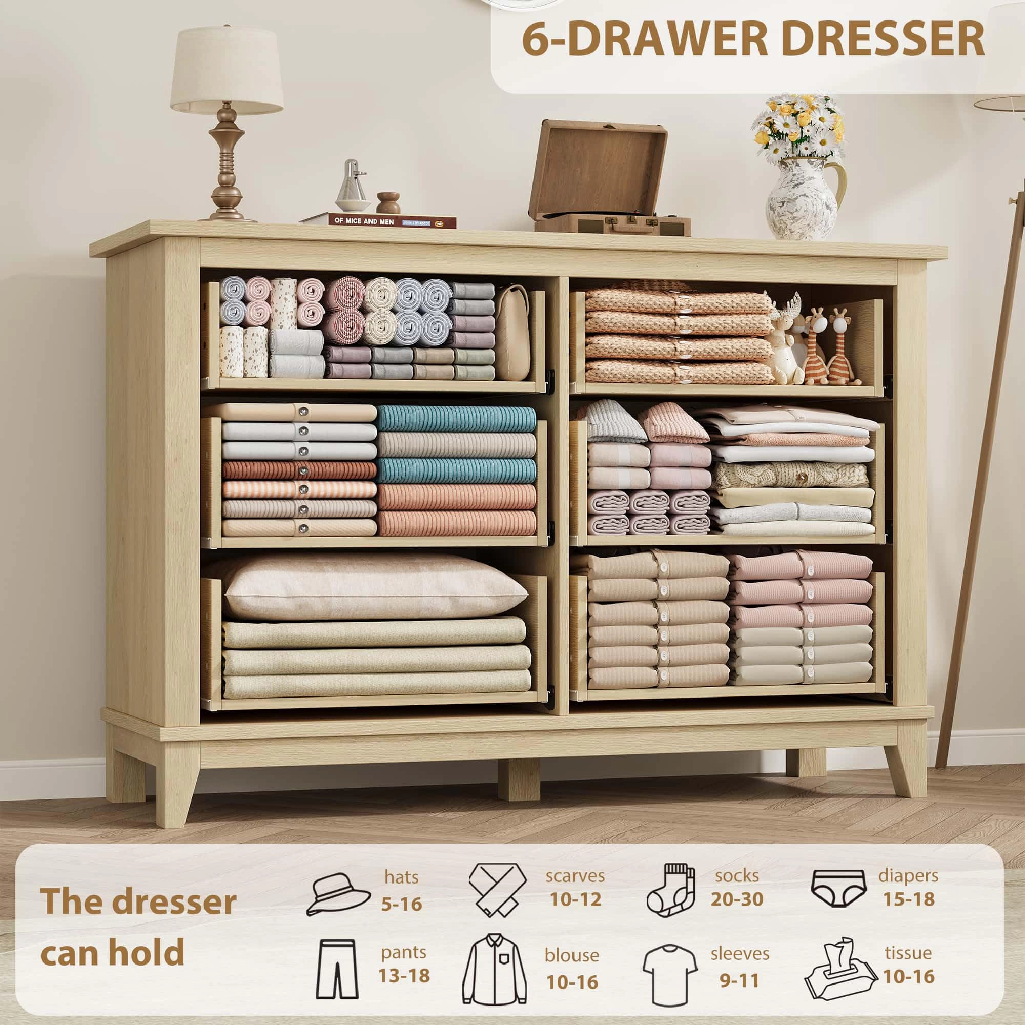 6 Drawer Modern Dresser, 47" Wide Wooden Double Storage Chest for Bedroom Entryway