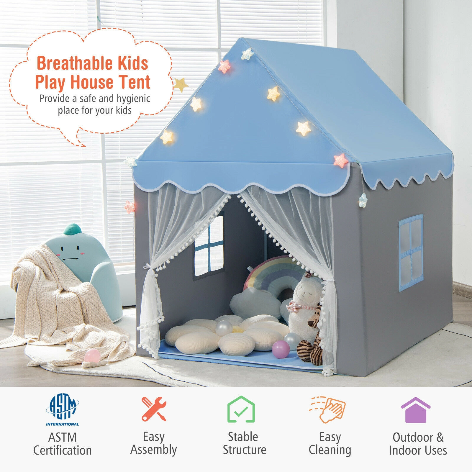 SUGIFT Kids Playhouse Tent with Colorful Star Lights and Cotton Mat Mesh Windows Blue