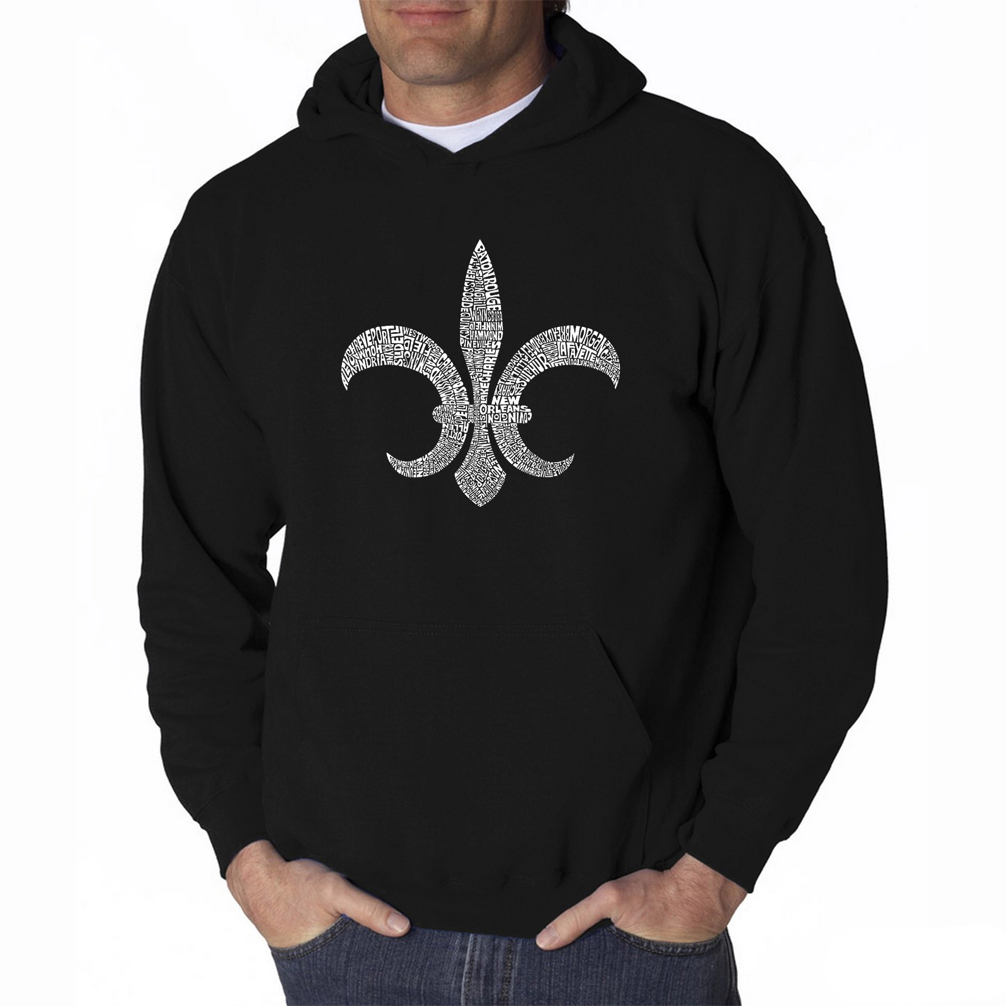 LA Pop Art Fleur De Lis - Popular Louisiana Cities Mens Word Hooded Sweatshirt