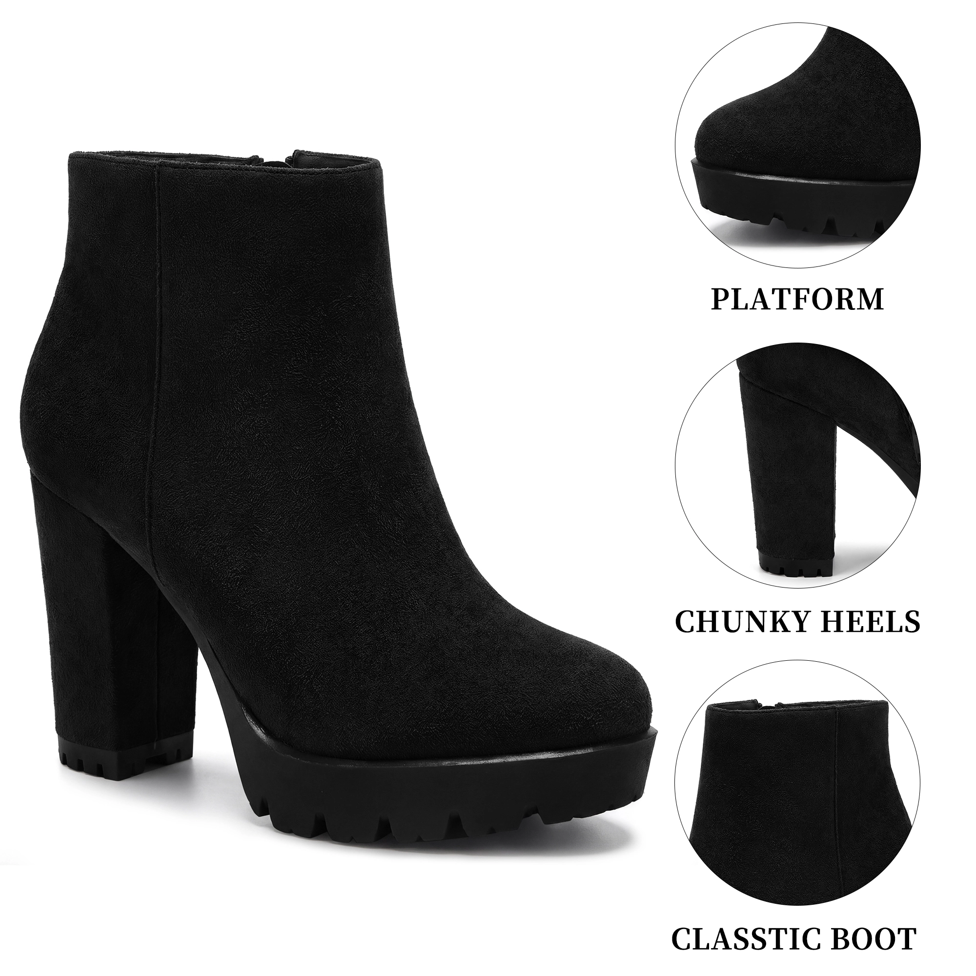 BLISSFUL STEP Platform Boots Block Heel Lug Sole Round Toe Ankle Boot for Women