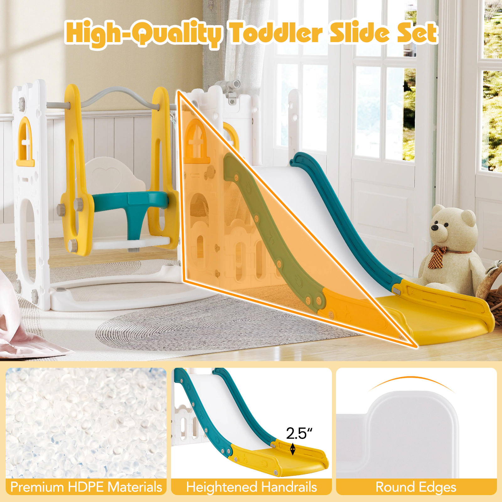 SUGIFT Yellow Ladder and Basketball Hoop 7-in-1 Toddler Swing and Slide Set L-Shaped