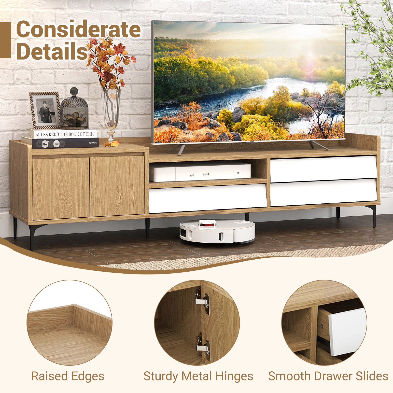 Glintex 71-Inch Mid-Century TV Stand with 3 Drawers and Raised Edges, Natural & White