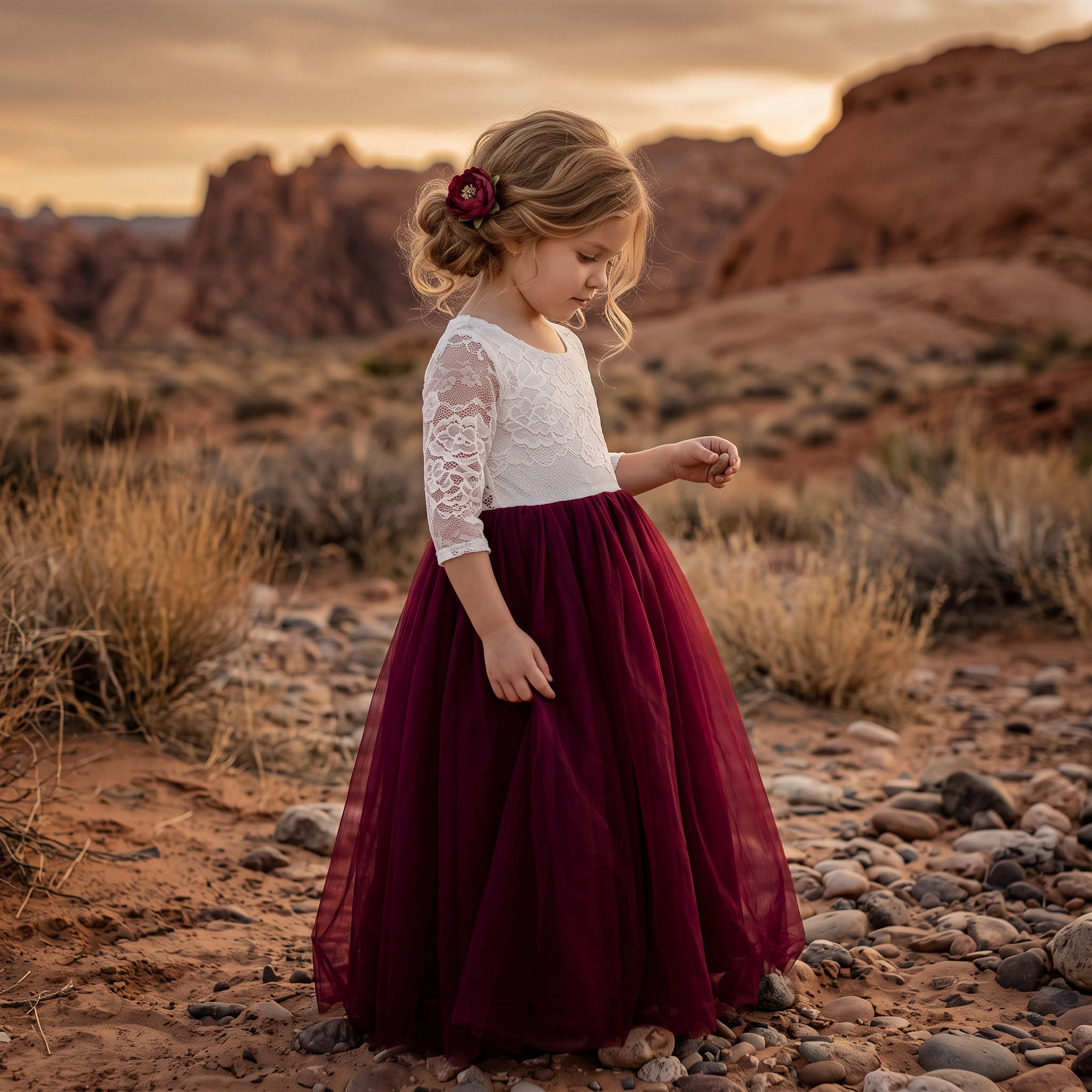 2Bunnies Girls' Rose Lace Long Sleeve Tulle Maxi Boho Flower Girl Dress