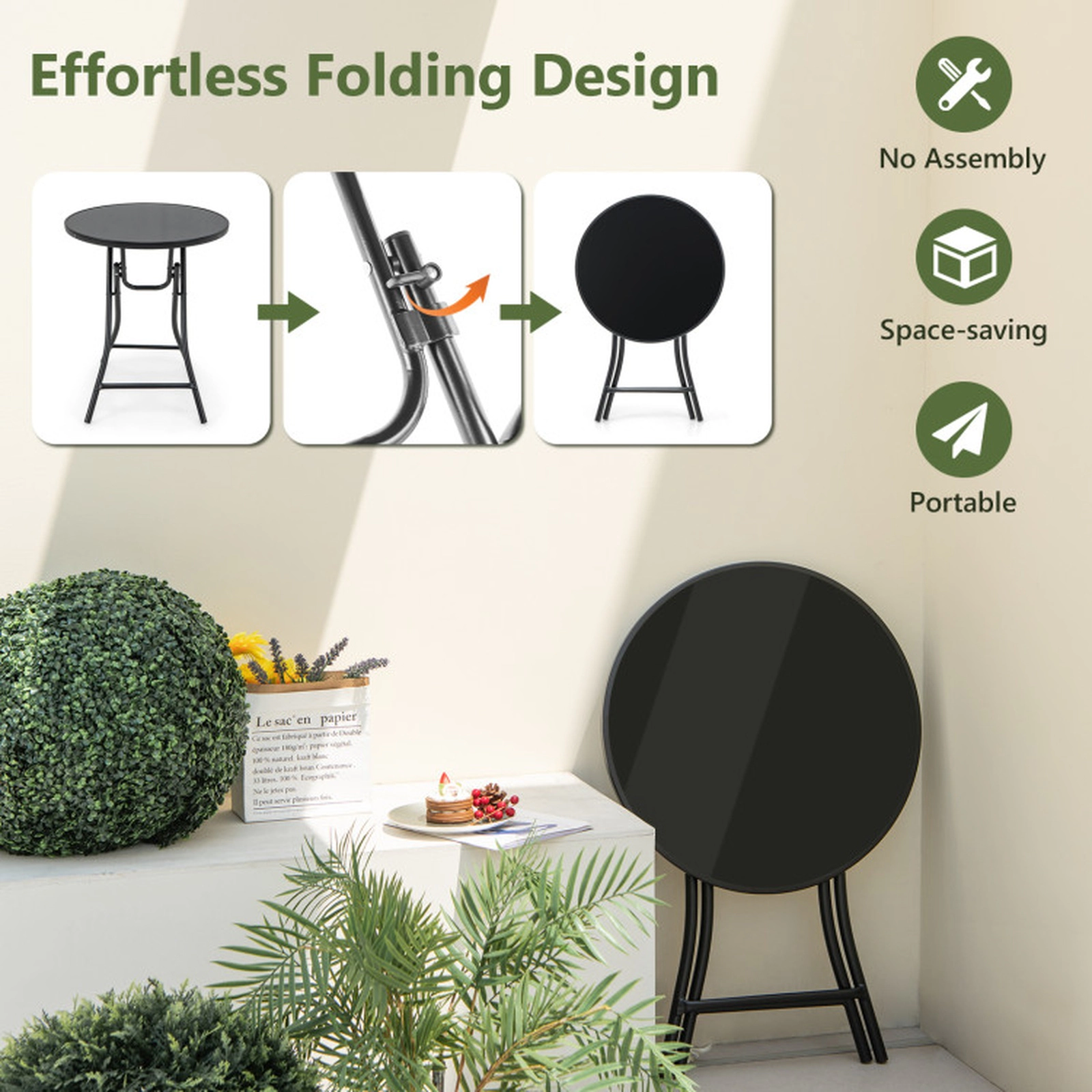 SUGIFT Folding Tempered Glass Top Round Bistro Table 23-in Dia x 26.5-in H 110-lb Capacity 13.5-lb Net Weight Black