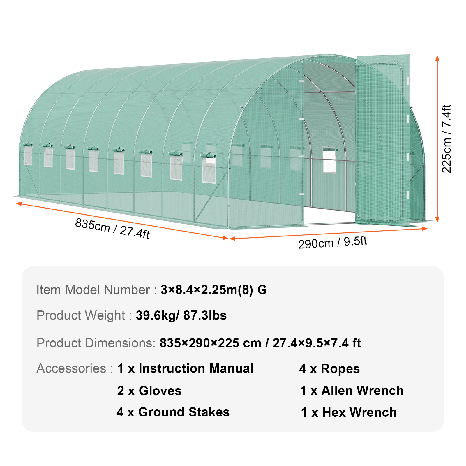 HONGGE Walk-In Tunnel Greenhouse 27.4 x 9.5 x 7.4 ft, Galvanized Steel Frame, Green PE Cover