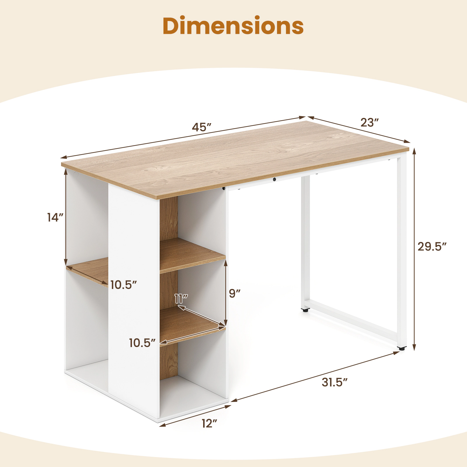 LJG 45 Inch Computer Desk with 5 Storage Compartments and Metal Frame