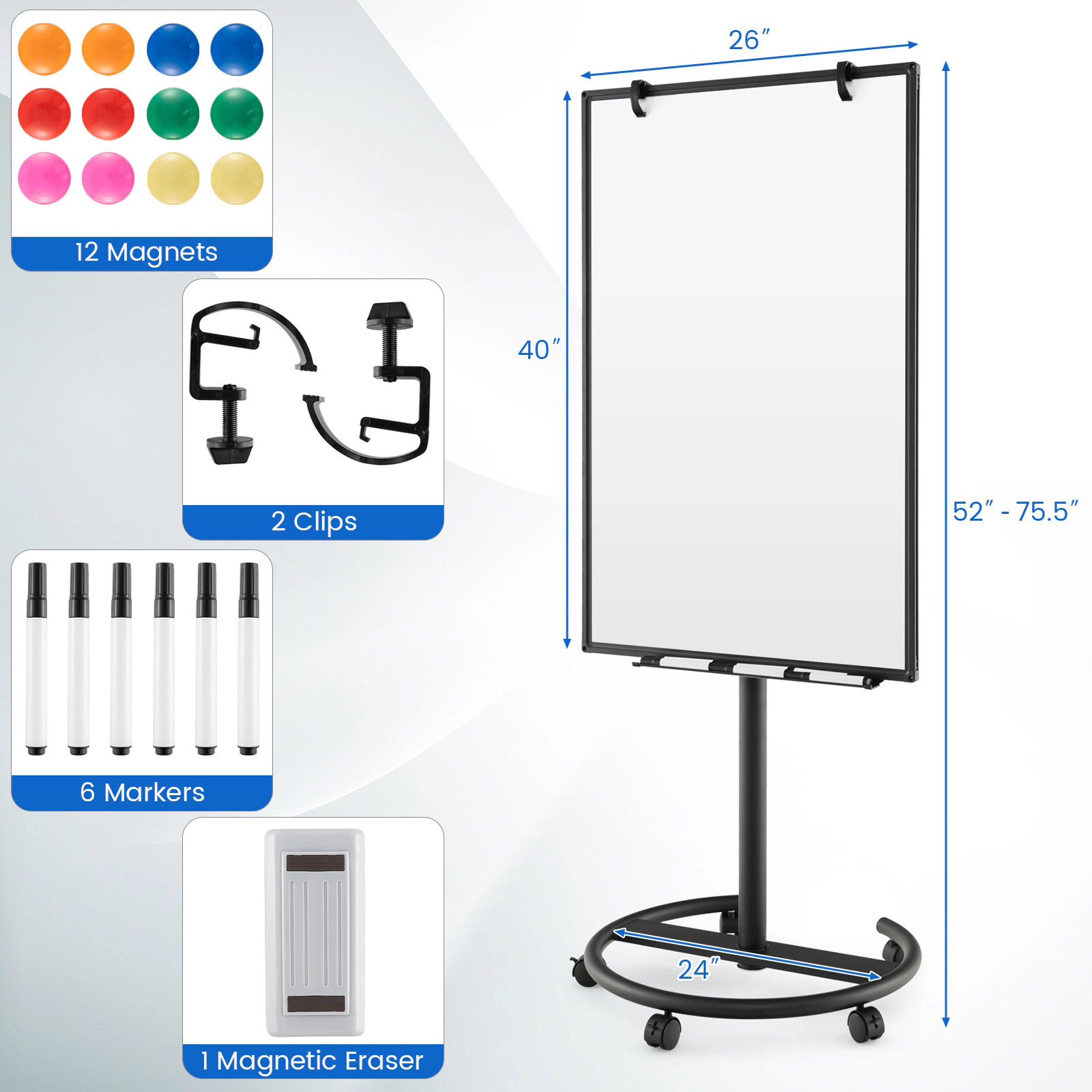 SUGIFT Height-Adjustable Mobile Whiteboard with Round Stand Magnetic Dry Erase Board Black Green White