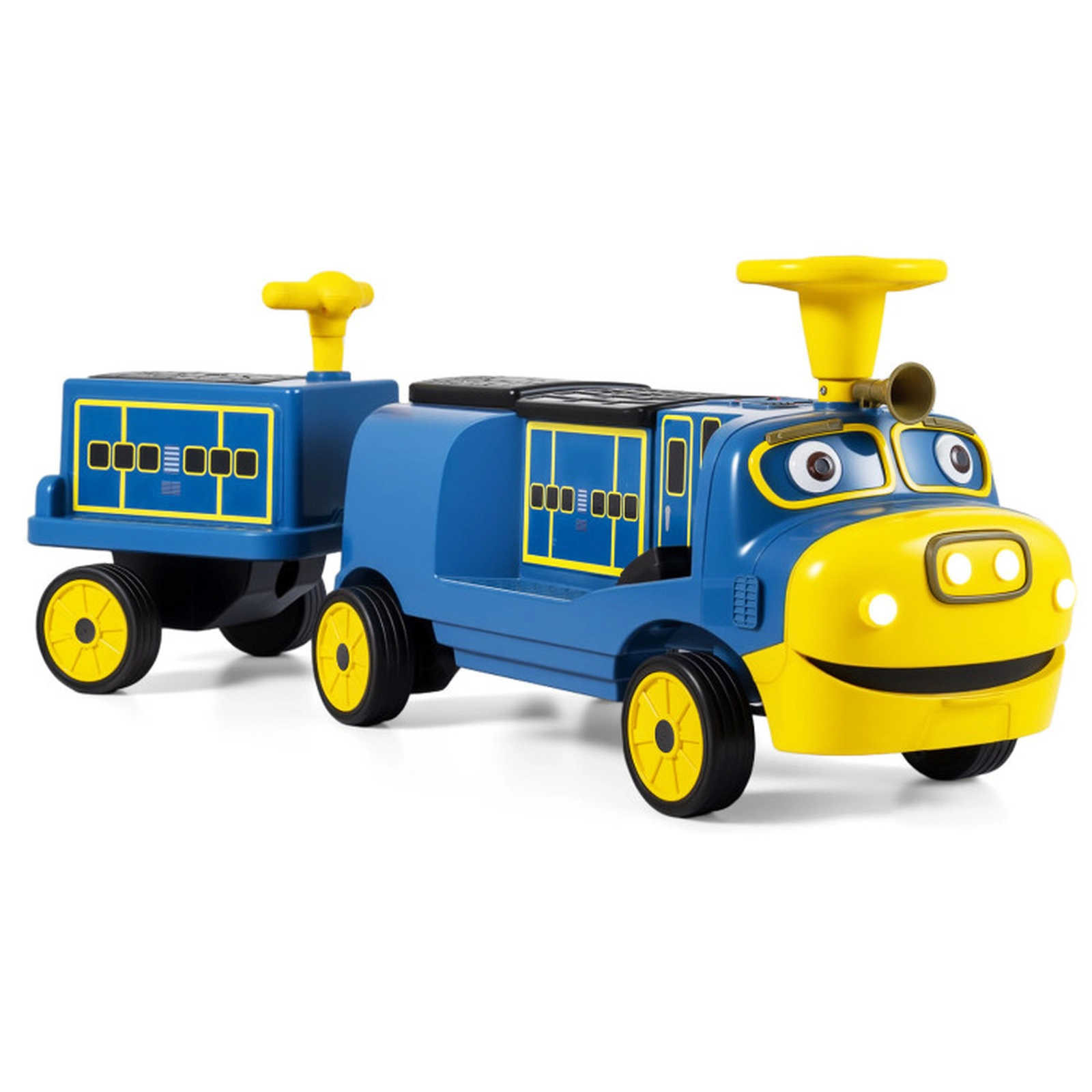 SUGIFT 12V 3-Seater Kids Ride-On Train with Detachable Carriage 132-lb Seat Capacity Ages 3+ Yellow & Blue/Red & Black
