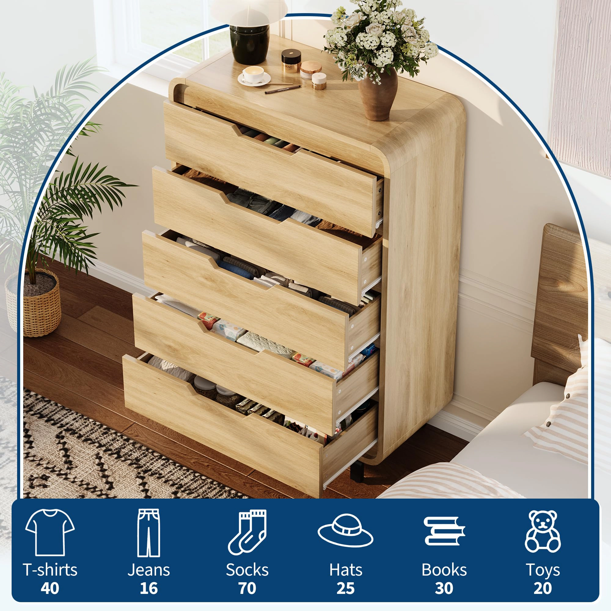 48" Tall 5 Drawer Wood Dresser with Handleless & Detachable Legs, Modern Storage Chest