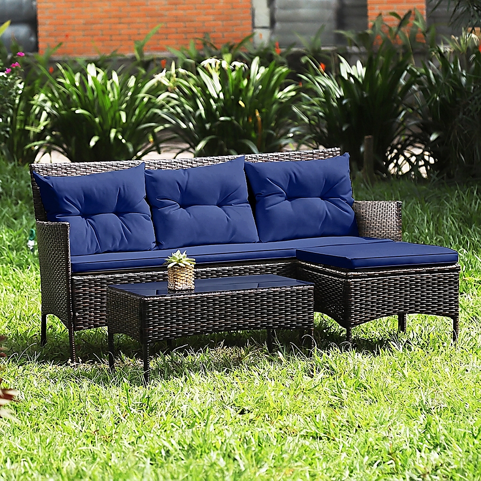 SUGIFT Ottoman and Glass Table 3-Piece Patio Rattan Sectional Set
